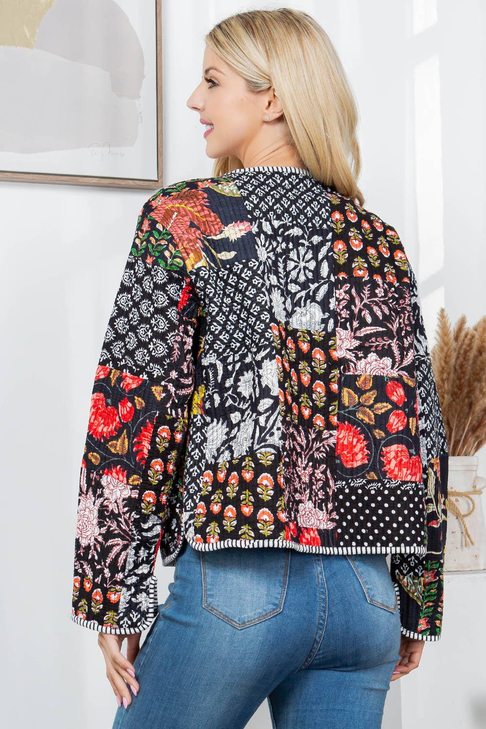 Floral Print Quilted Patch Cotton Jacket - Black
