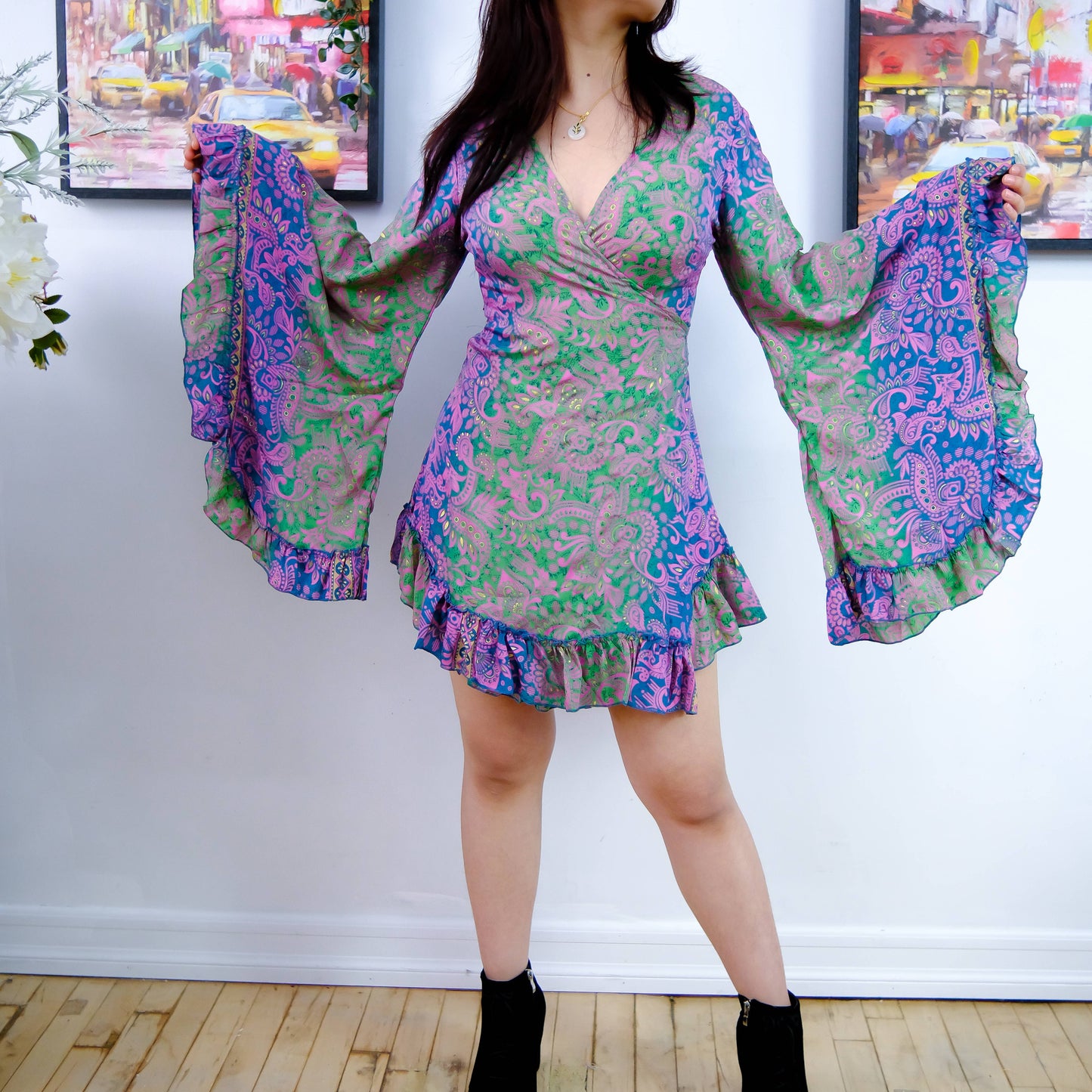 Silk Boho Style Wrap Dress with Ruffle