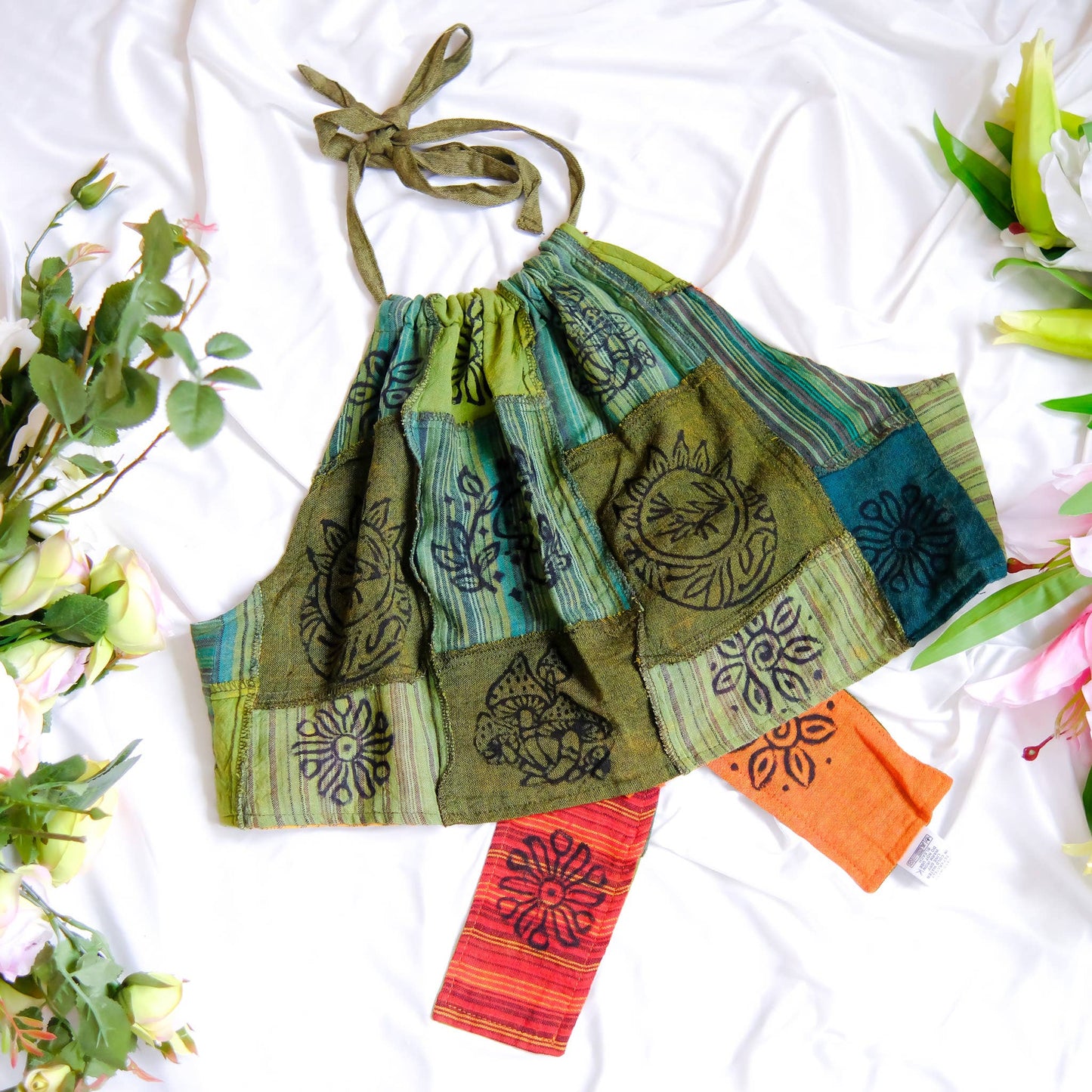 Patchwork Reversible Cotton Backless Halter Top