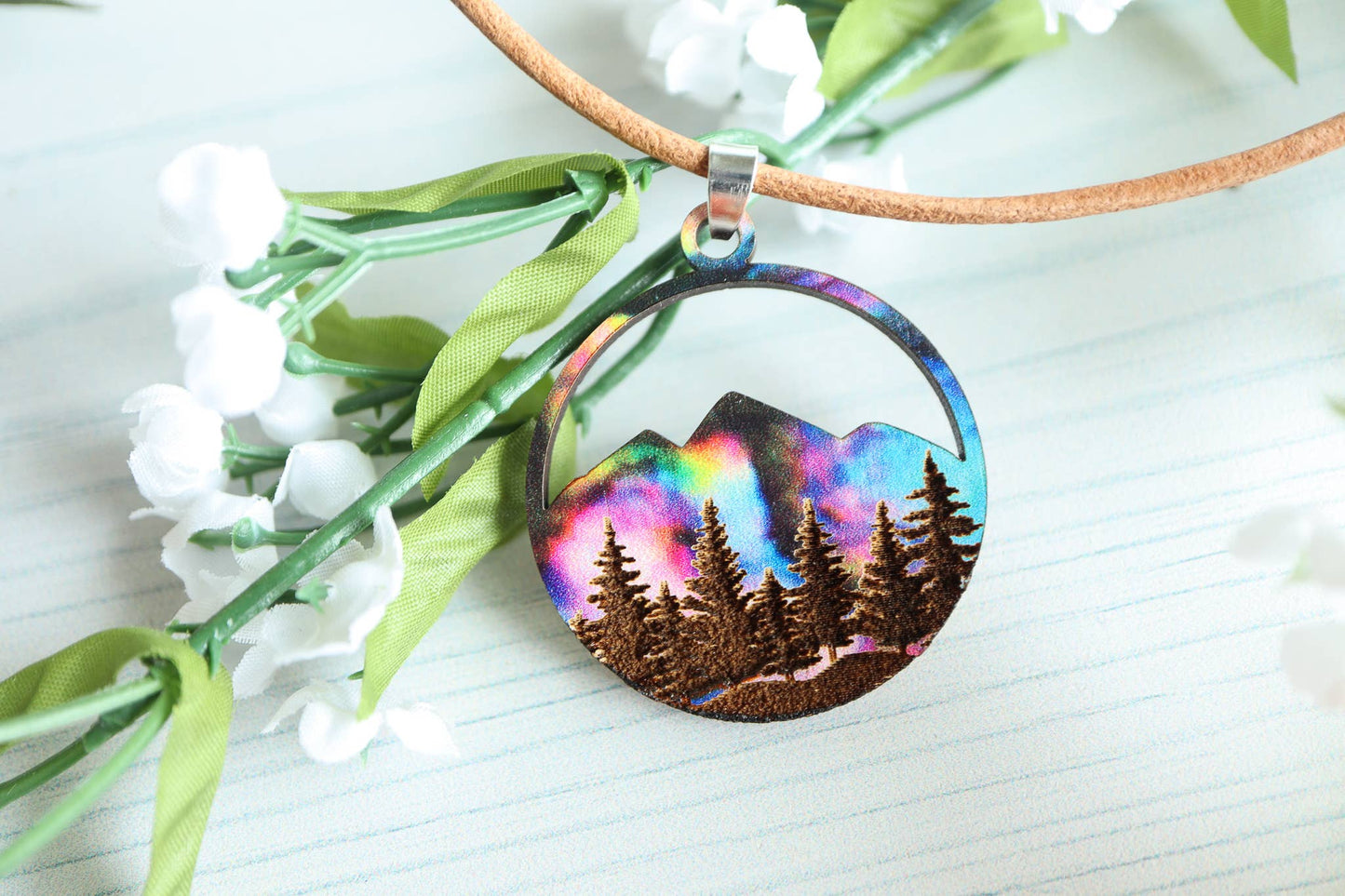 Aurora Mountains Wood Pendant Adjustable Necklace