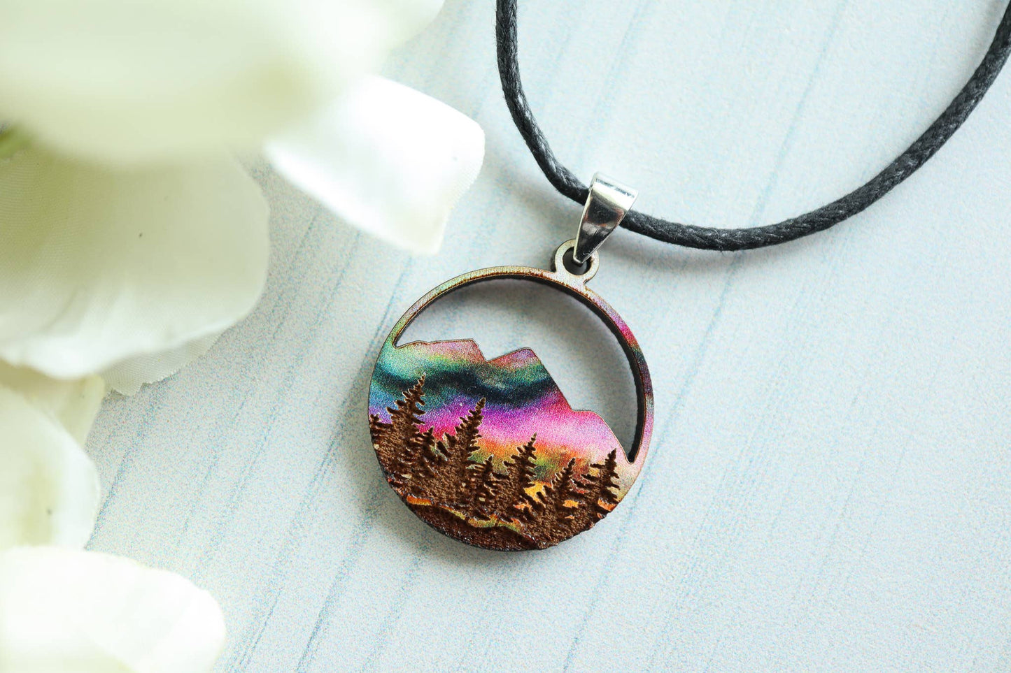 Aurora Mountains Wood Pendant Adjustable Necklace