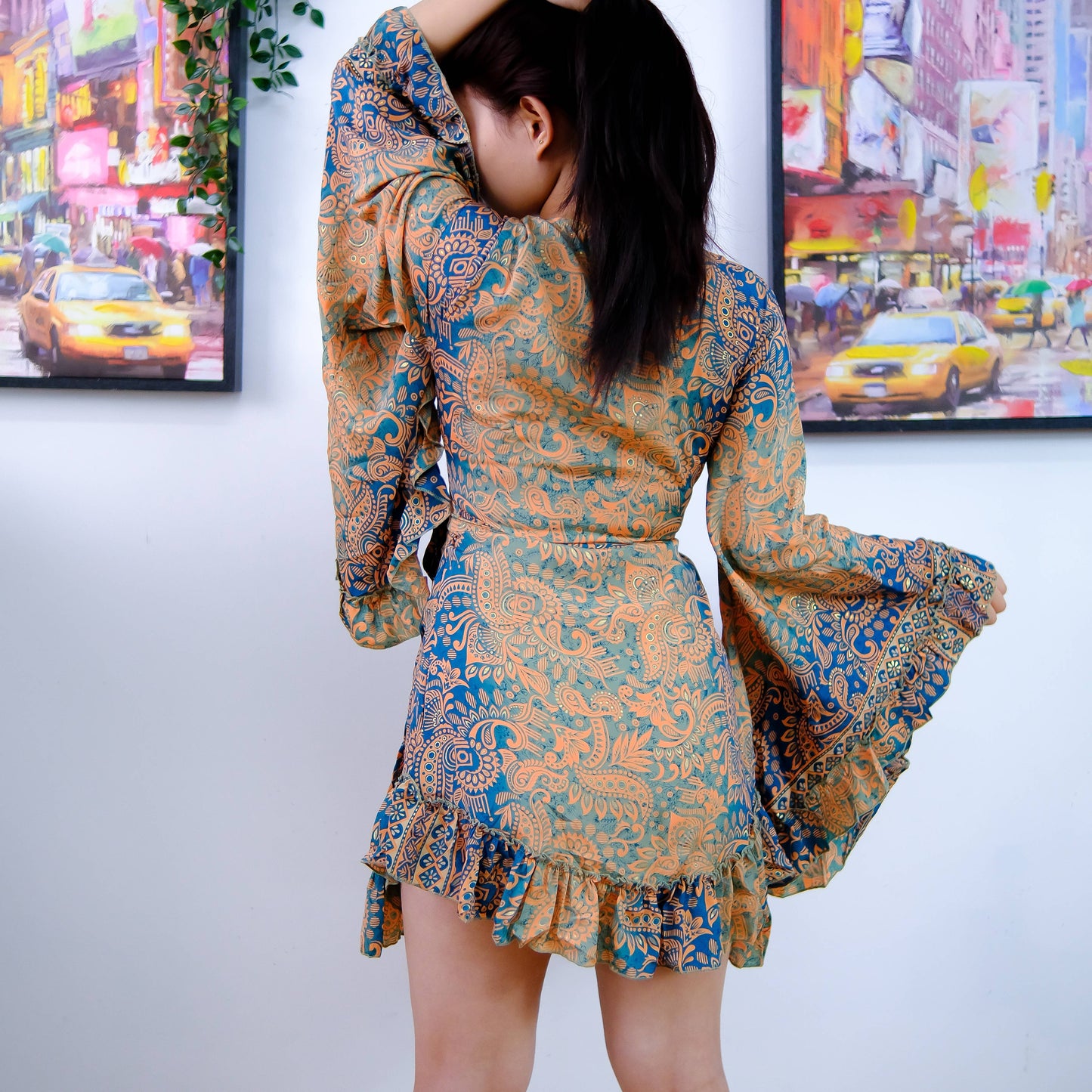 Silk Boho Style Wrap Dress with Ruffle