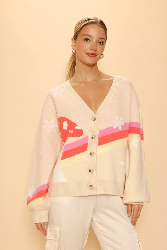 Retro stripe mushroom knit cardigan
