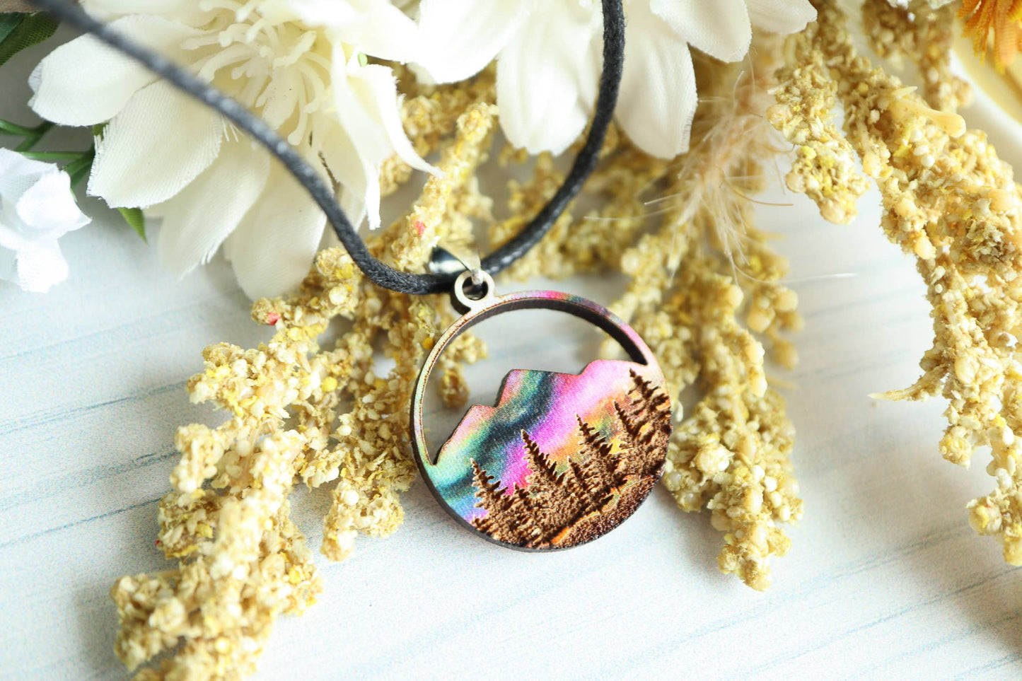 Aurora Mountains Wood Pendant Adjustable Necklace