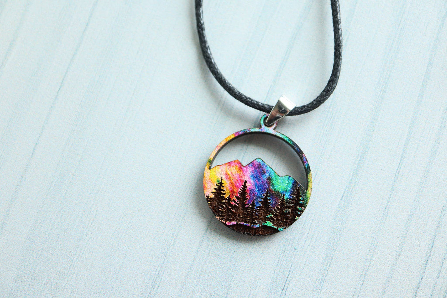Aurora Mountains Wood Pendant Adjustable Necklace