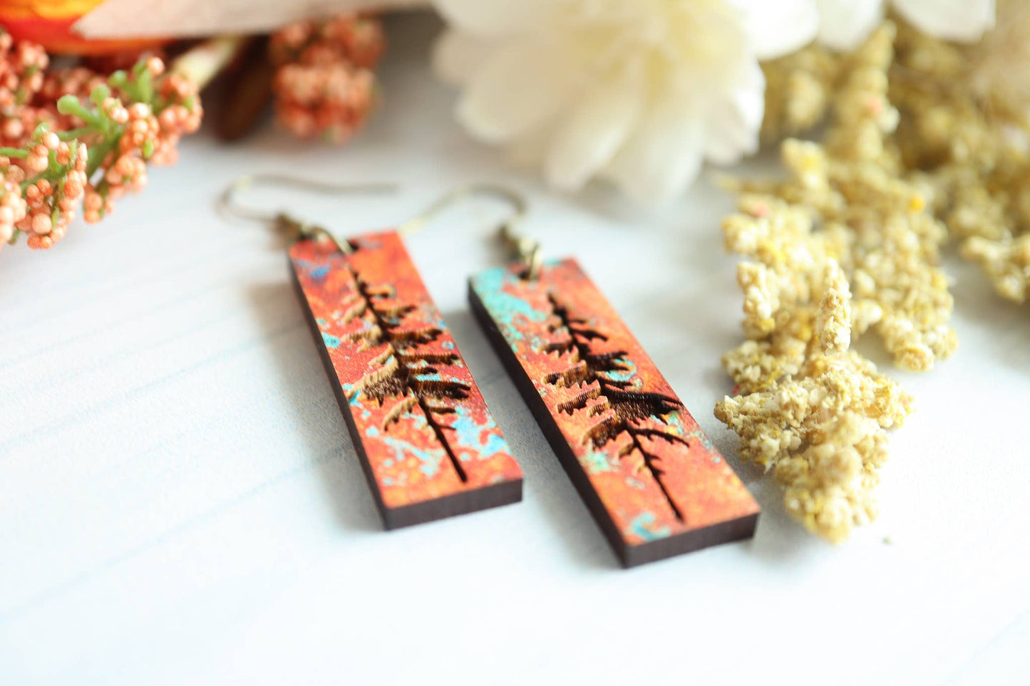 Patina Pine Tree Engraved Wood Earrings