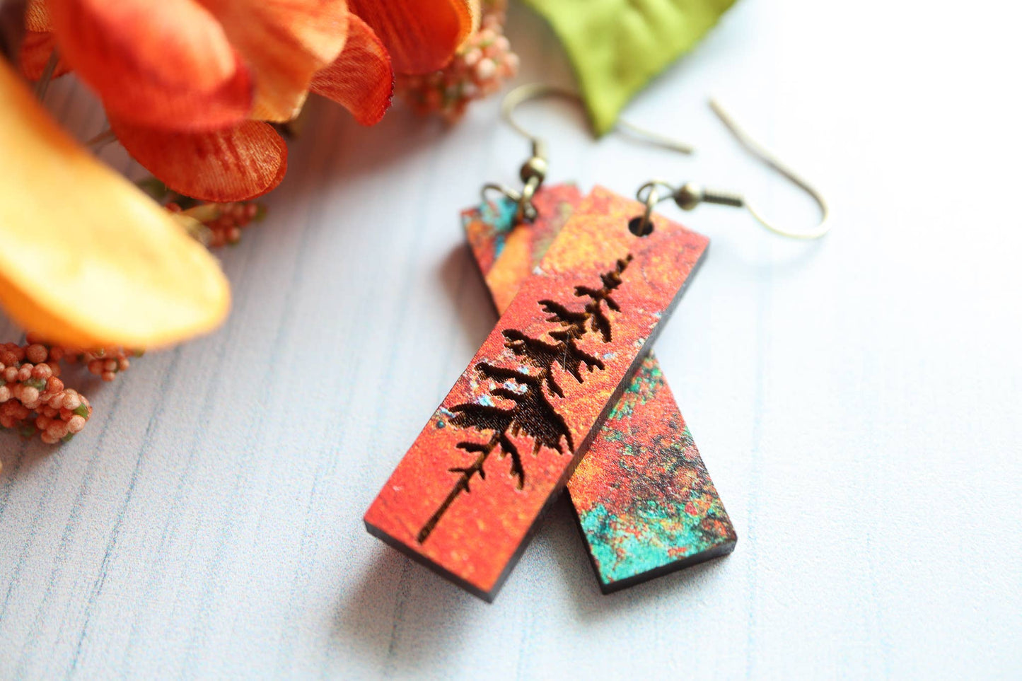 Patina Pine Tree Engraved Wood Earrings