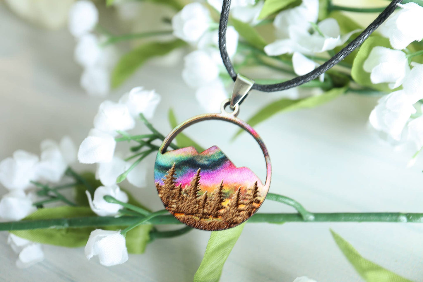 Aurora Mountains Wood Pendant Adjustable Necklace