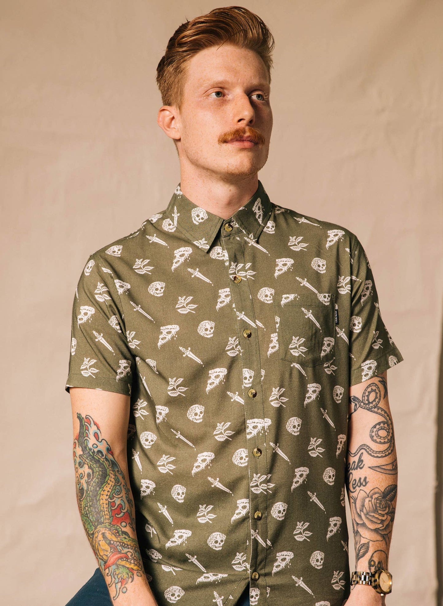 Pizza Slayer Tattoo Flash Mens Womens Casual Button Up Shirt