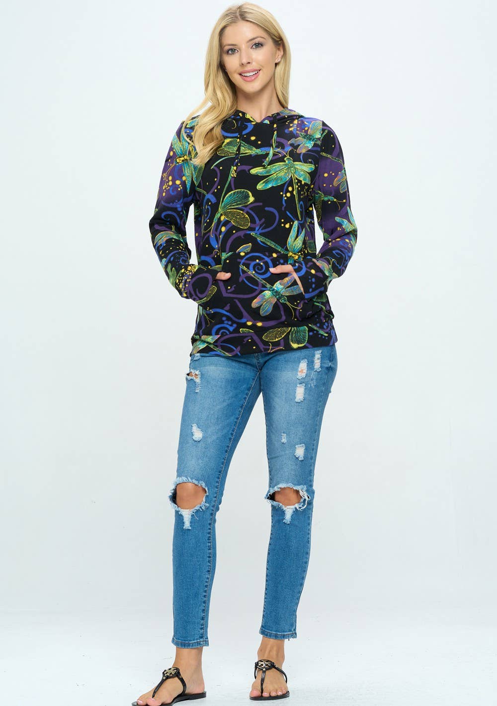 Dragonfly Print Plus Size Hoodie With Pocket