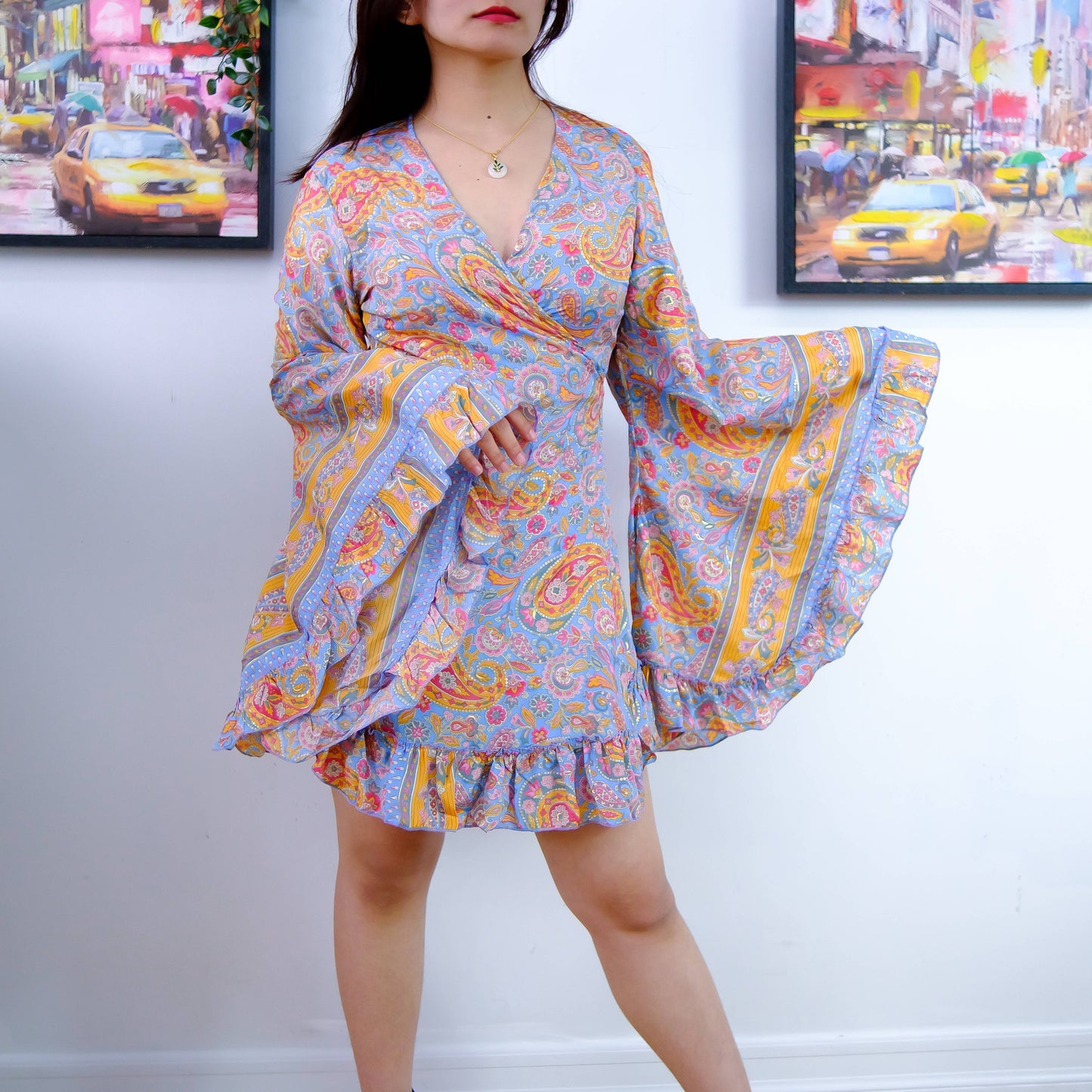 Silk Boho Style Wrap Dress with Ruffle