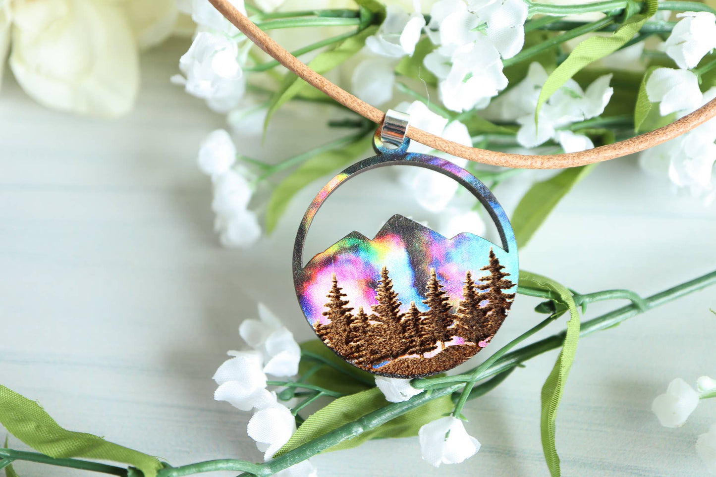Aurora Mountains Wood Pendant Adjustable Necklace