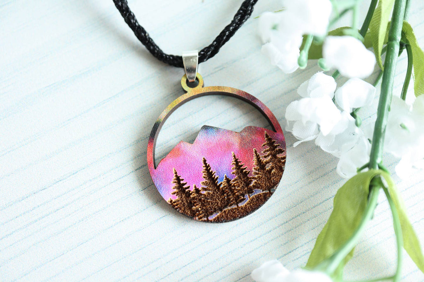 Aurora Mountains Wood Pendant Adjustable Necklace