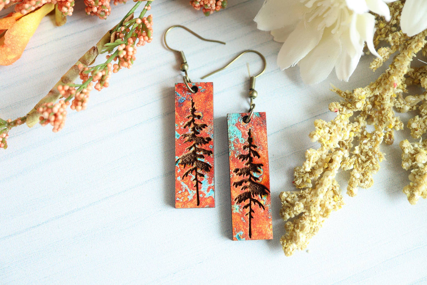 Patina Pine Tree Engraved Wood Earrings