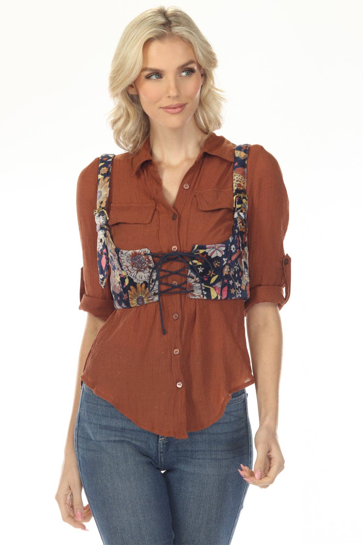 Floral Velvet Corset Vest Navy