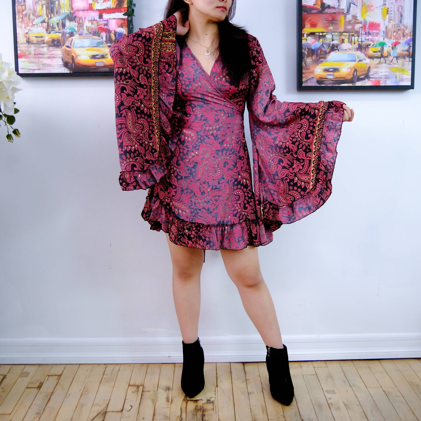 Silk Boho Style Wrap Dress with Ruffle