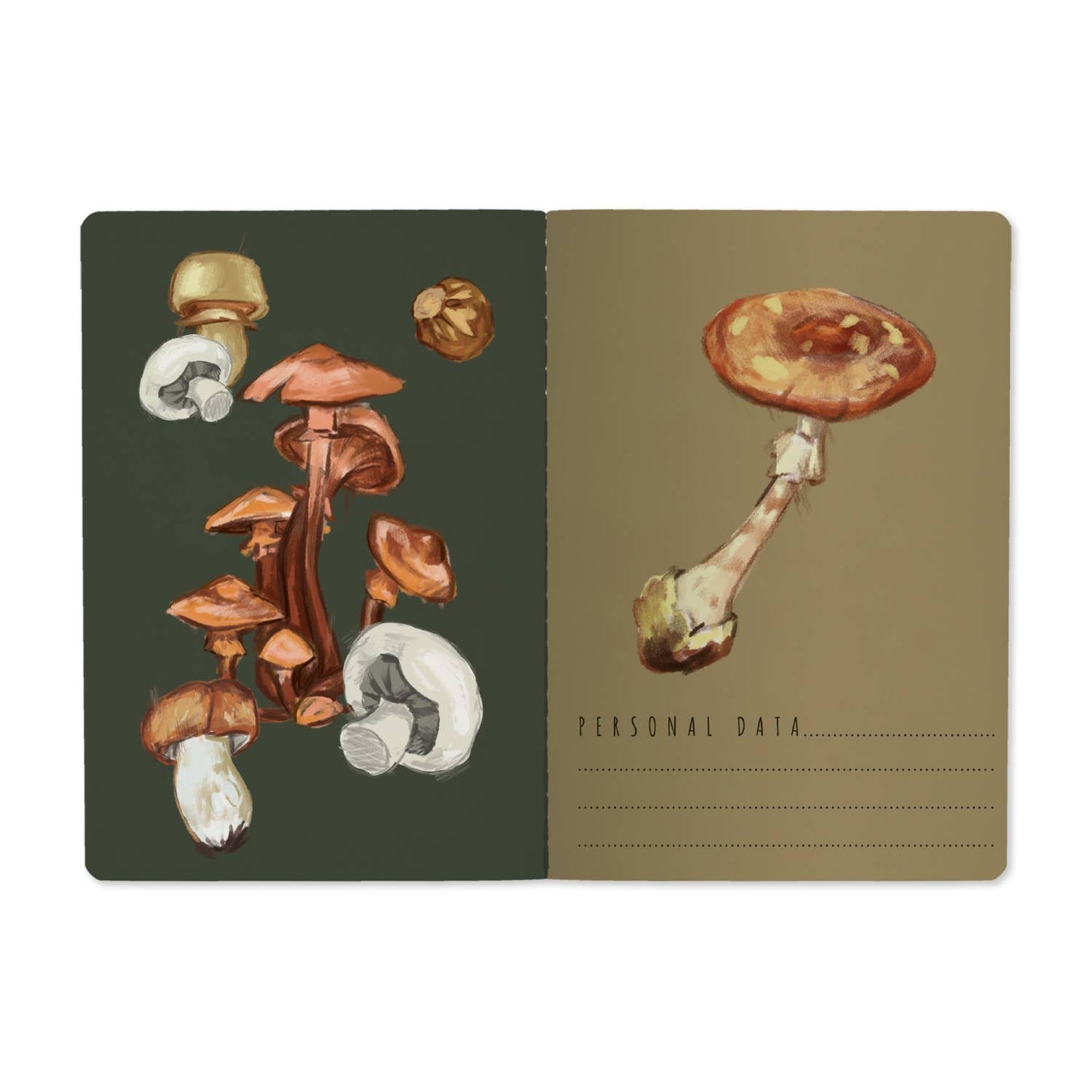 Mushrooms on green journal