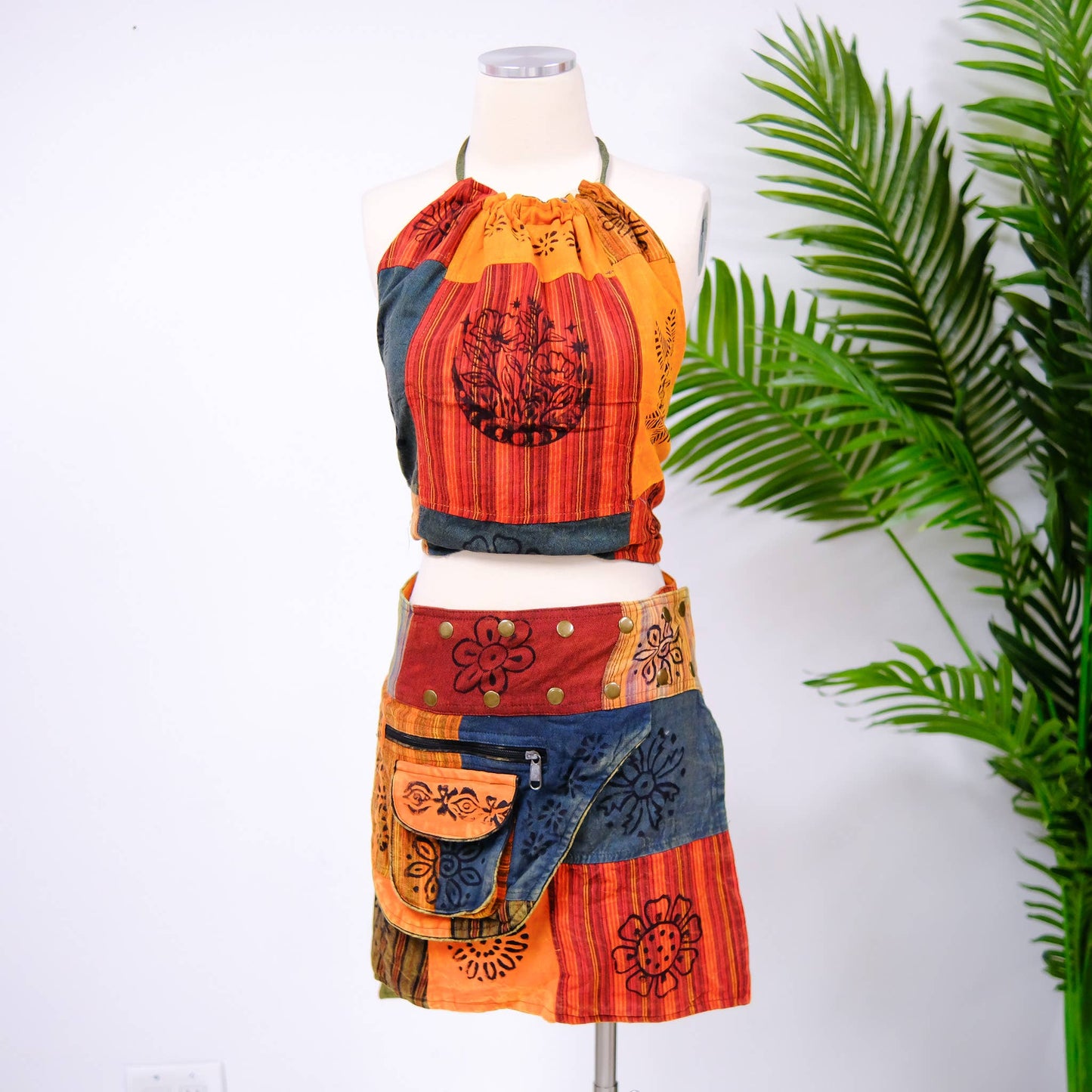 Patchwork Reversible Cotton Backless Halter Top