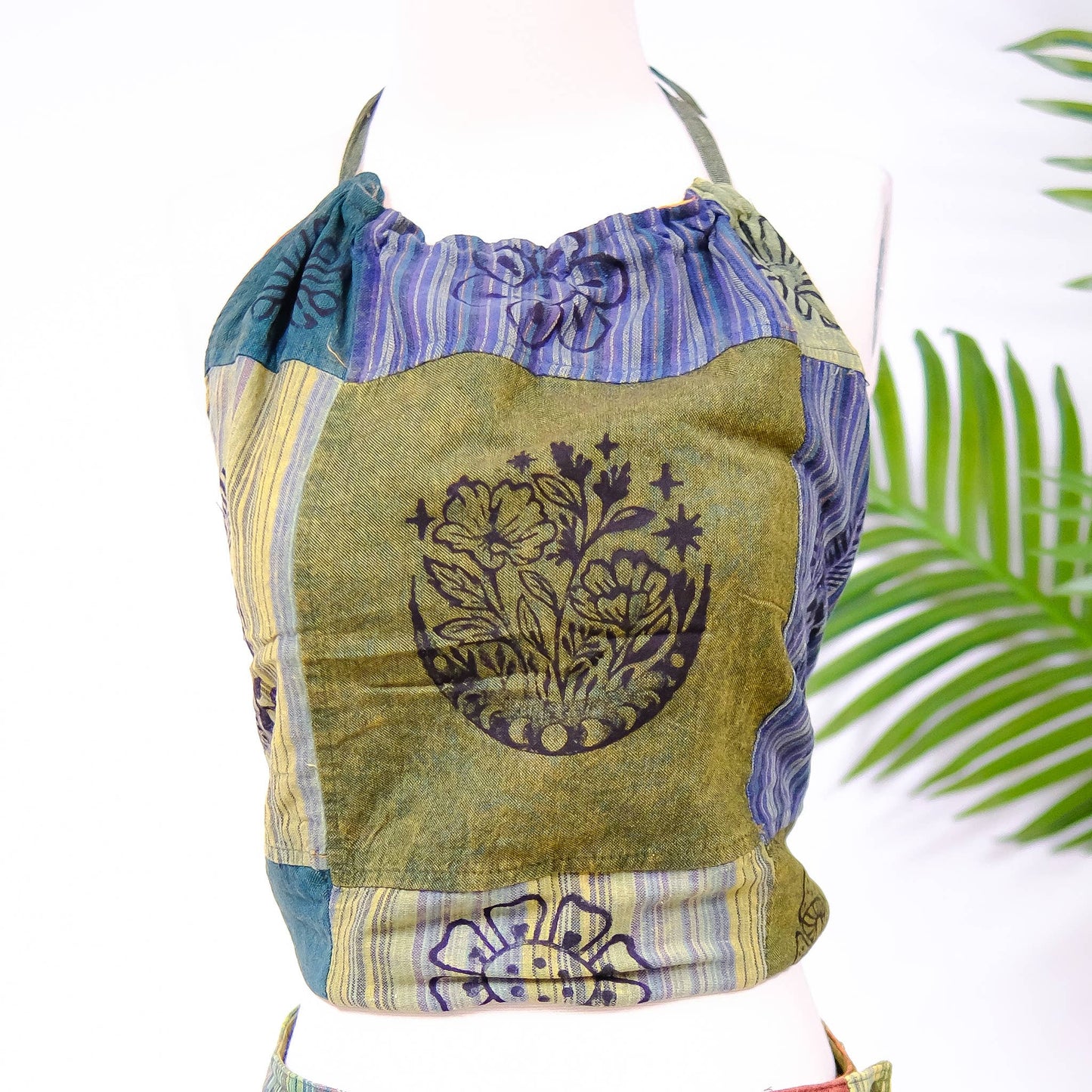 Patchwork Reversible Cotton Backless Halter Top