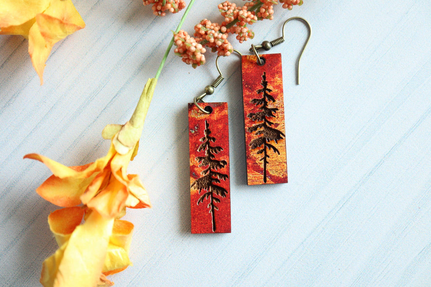 Patina Pine Tree Engraved Wood Earrings
