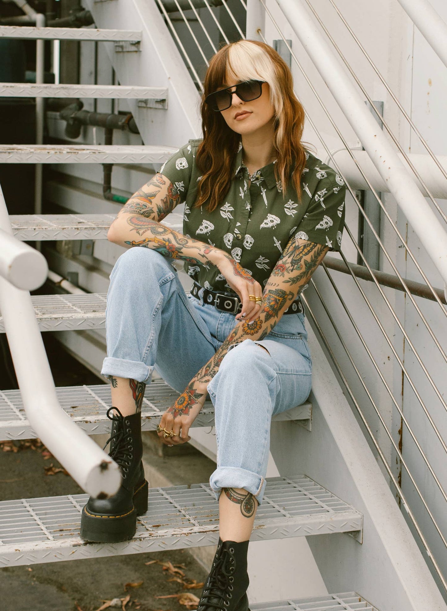 Pizza Slayer Tattoo Flash Mens Womens Casual Button Up Shirt