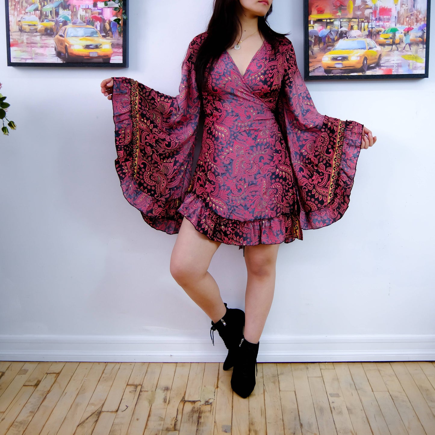 Silk Boho Style Wrap Dress with Ruffle