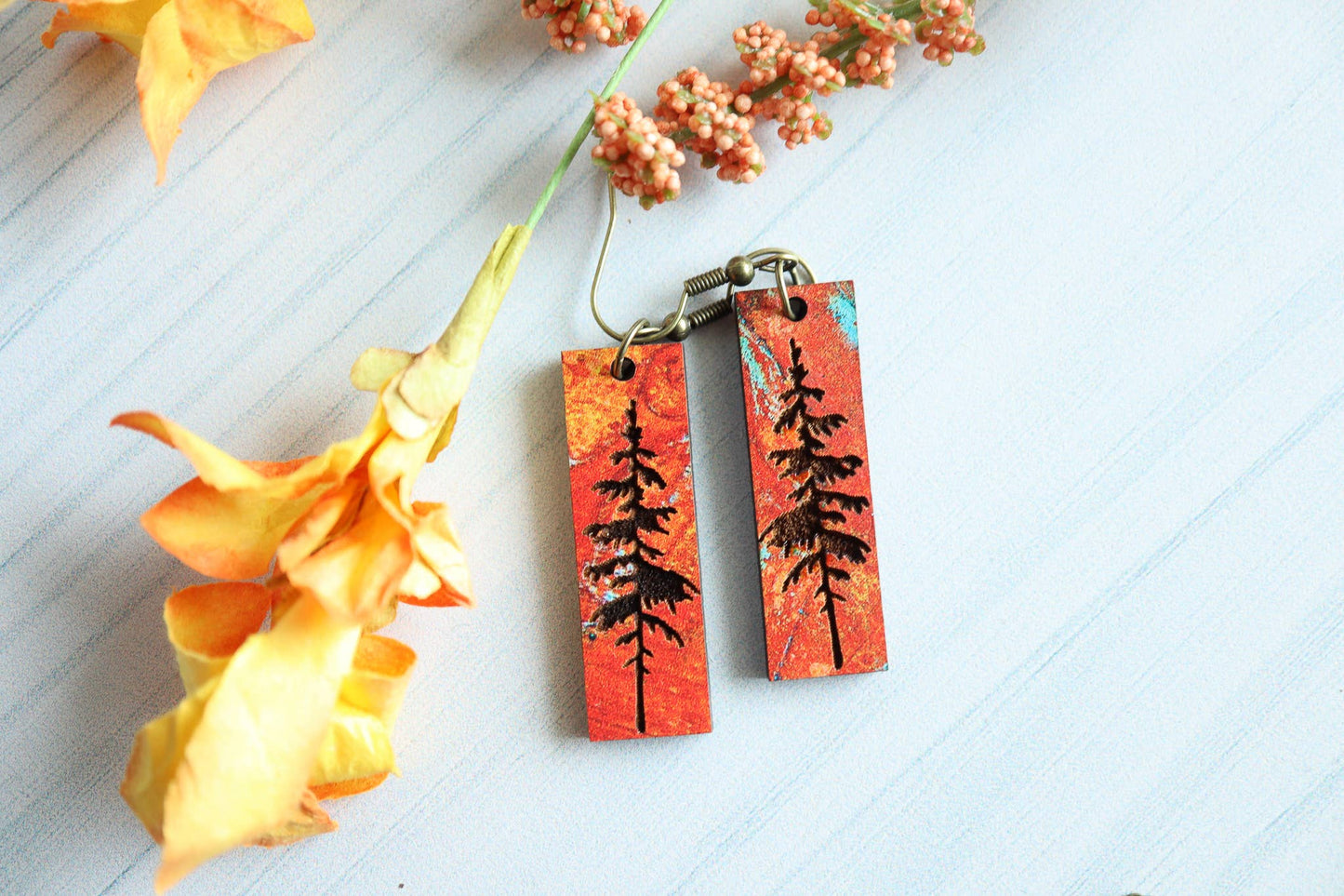 Patina Pine Tree Engraved Wood Earrings