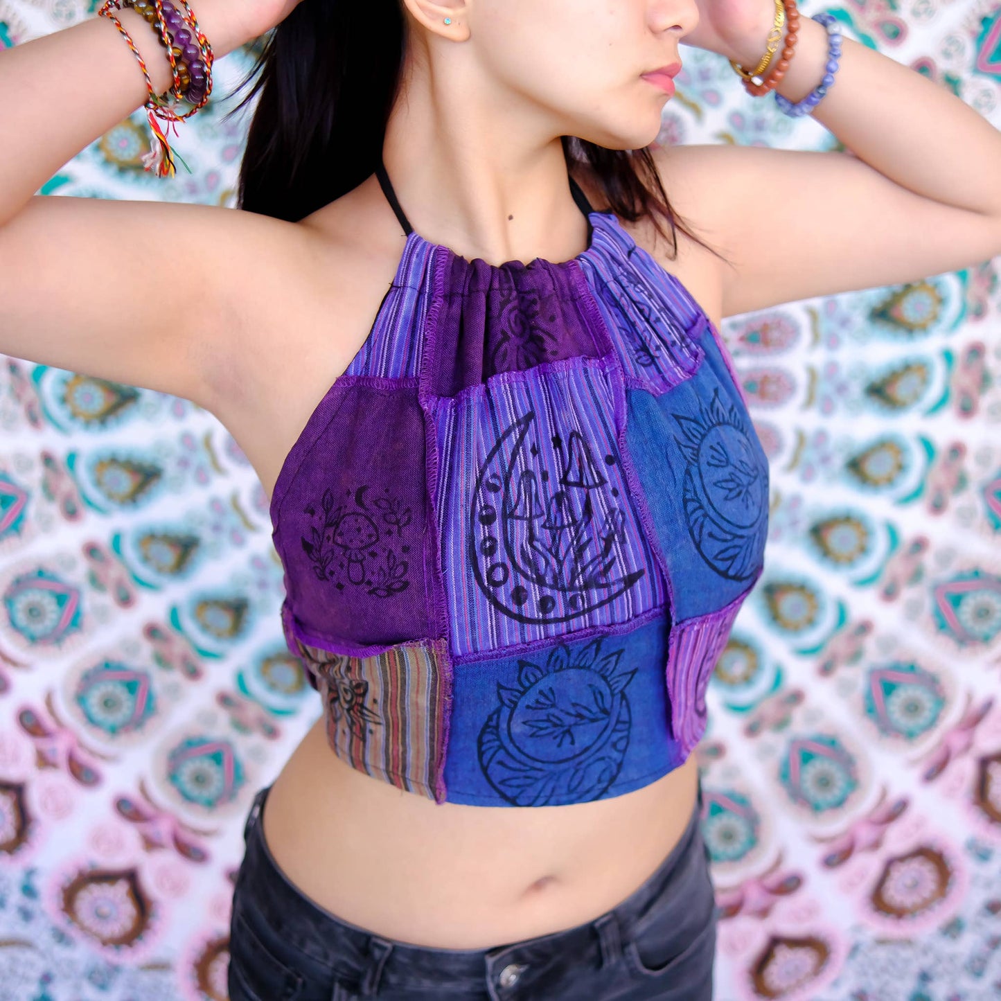Patchwork Reversible Cotton Backless Halter Top
