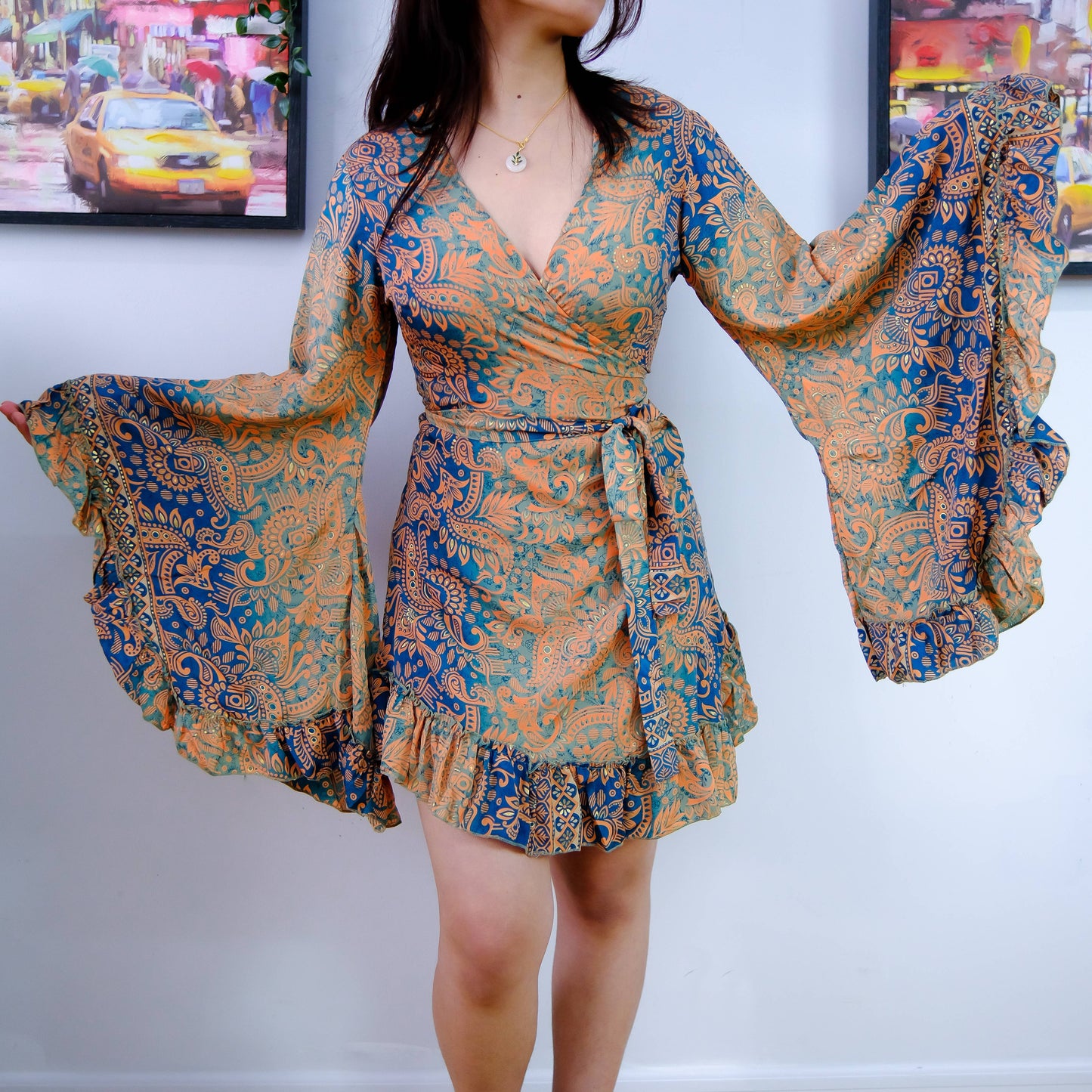 Silk Boho Style Wrap Dress with Ruffle