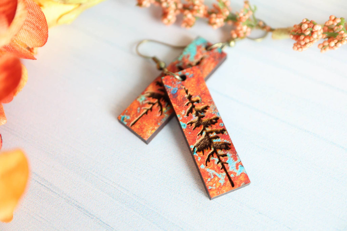 Patina Pine Tree Engraved Wood Earrings