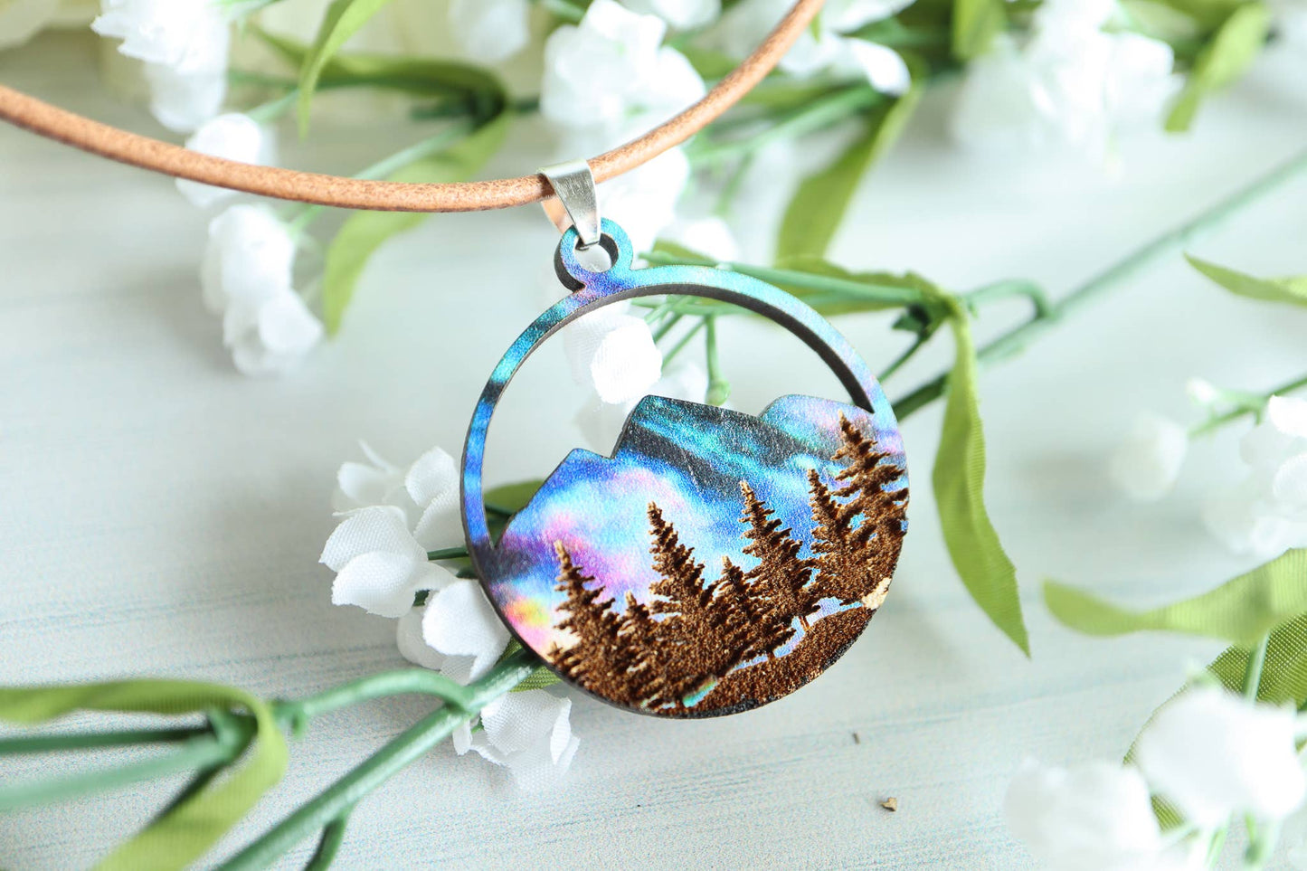 Aurora Mountains Wood Pendant Adjustable Necklace