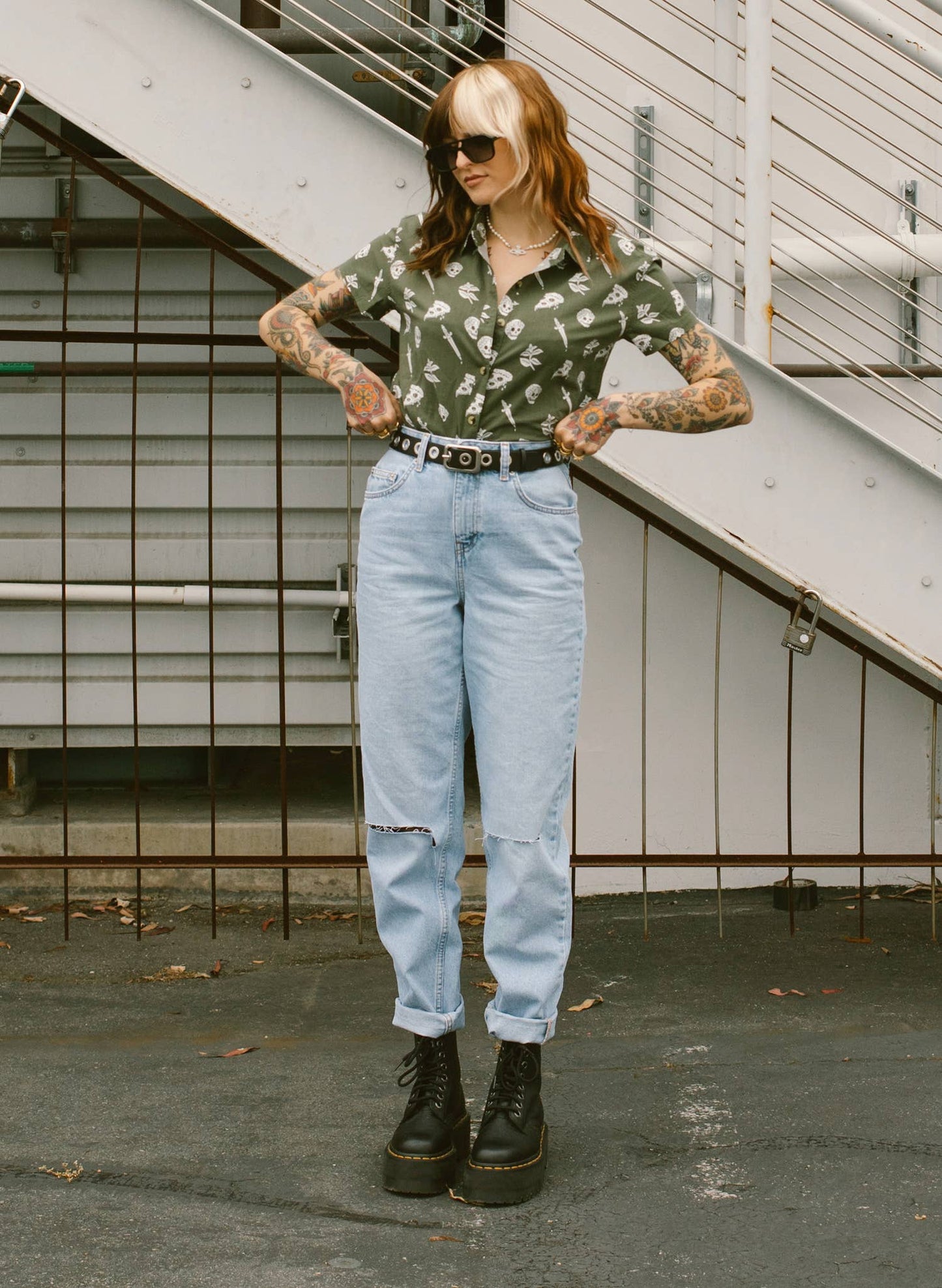 Pizza Slayer Tattoo Flash Mens Womens Casual Button Up Shirt