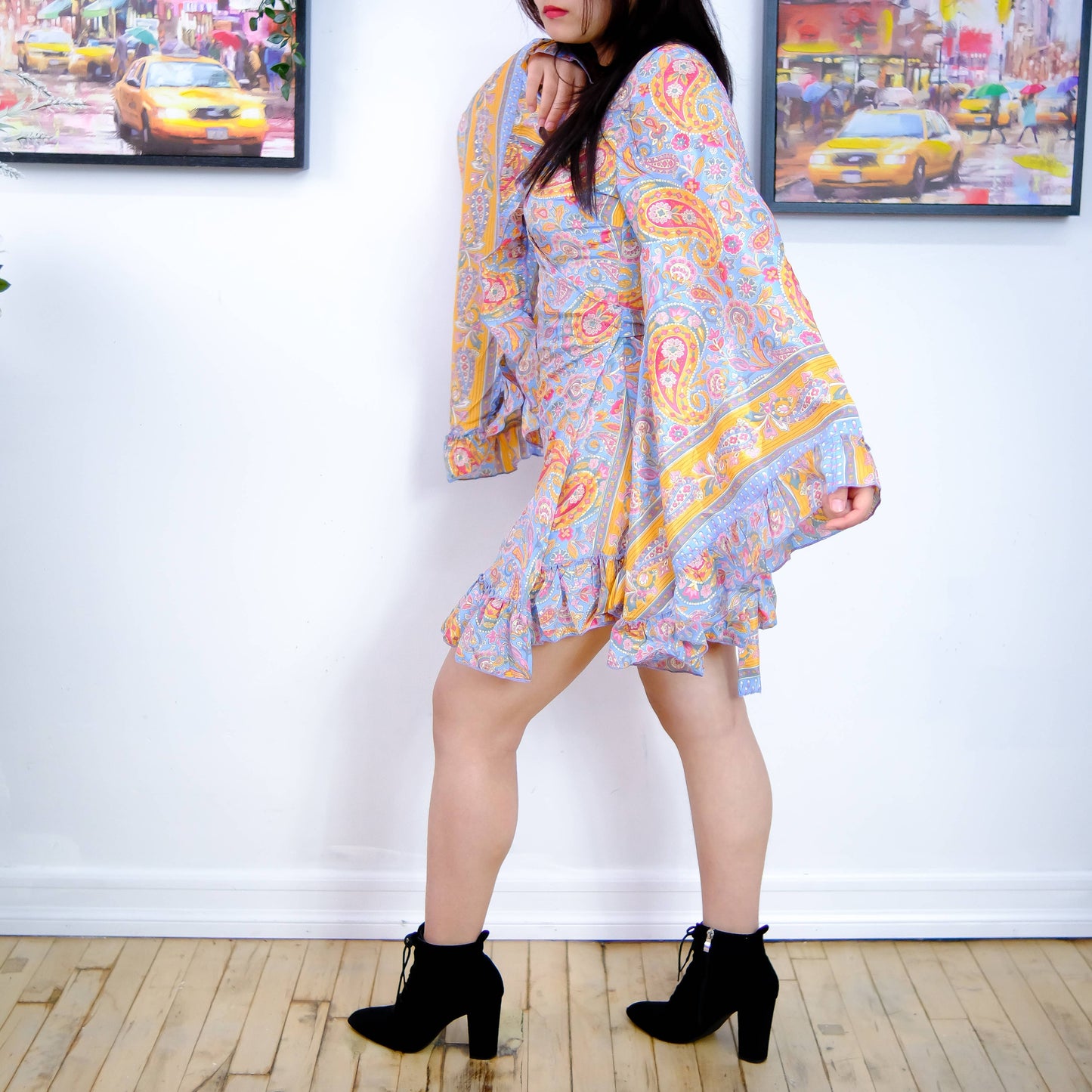Silk Boho Style Wrap Dress with Ruffle