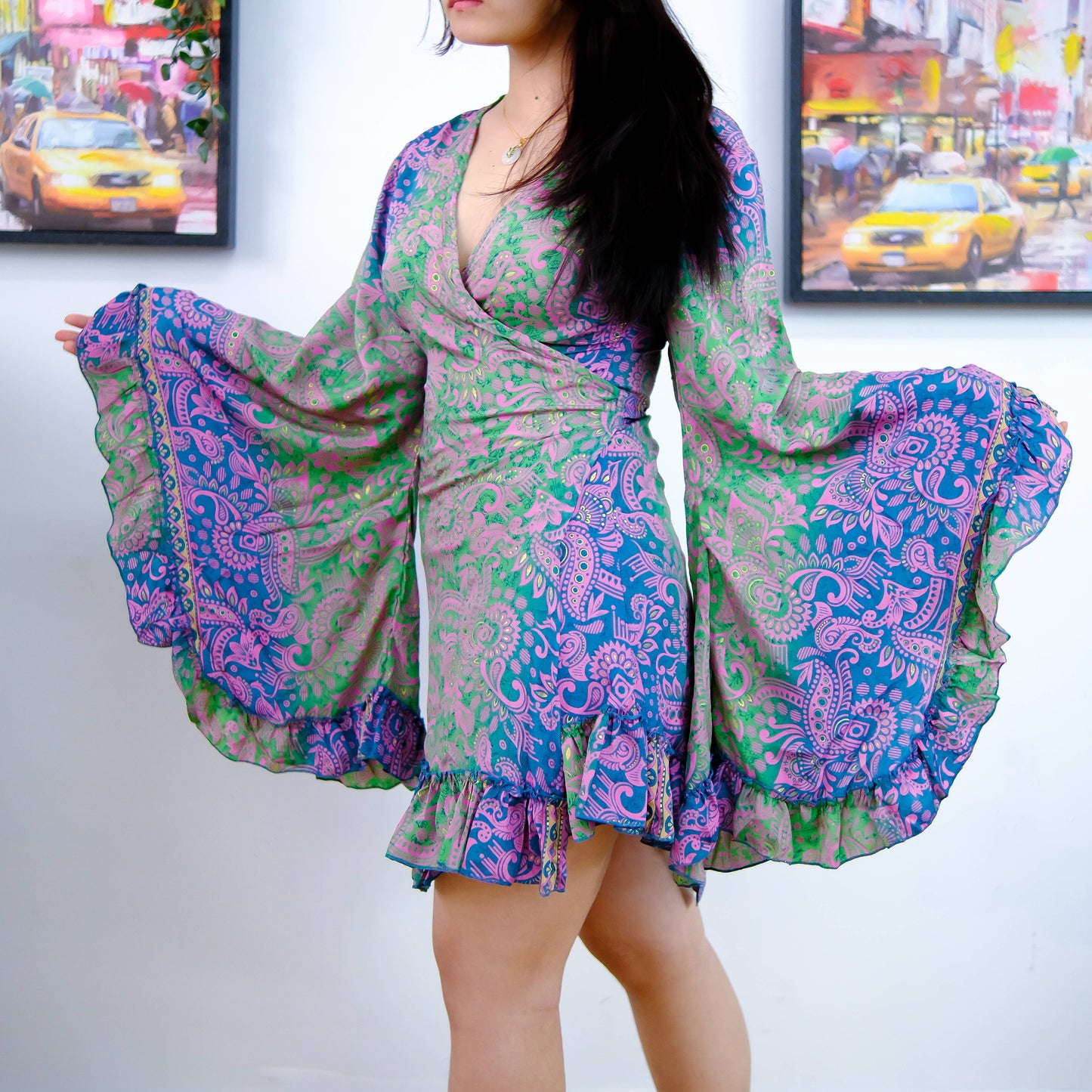 Silk Boho Style Wrap Dress with Ruffle