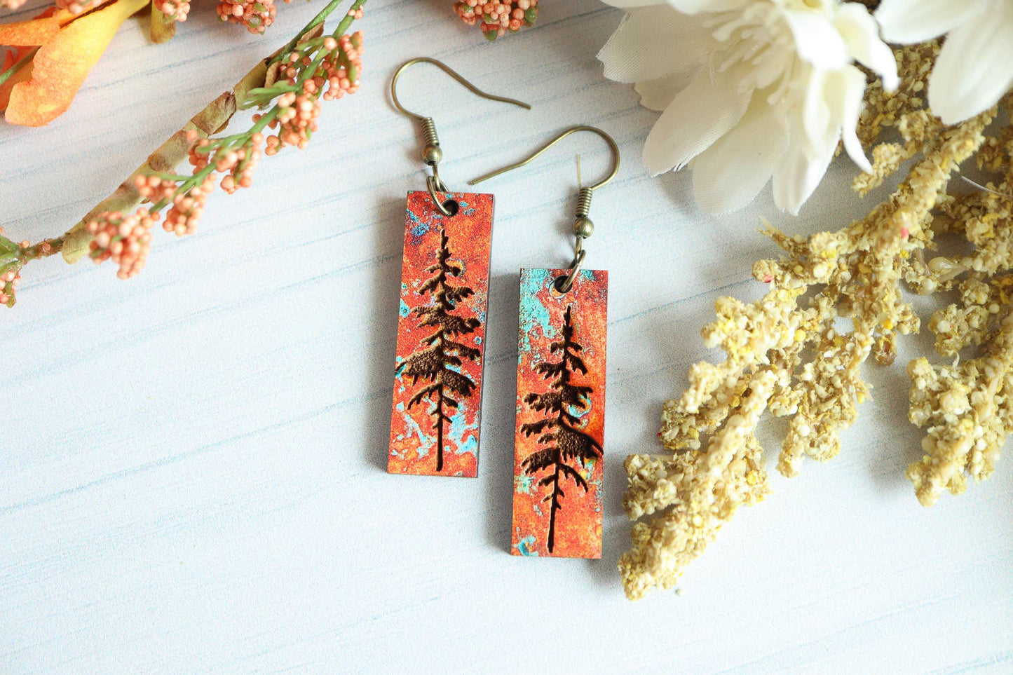Patina Pine Tree Engraved Wood Earrings