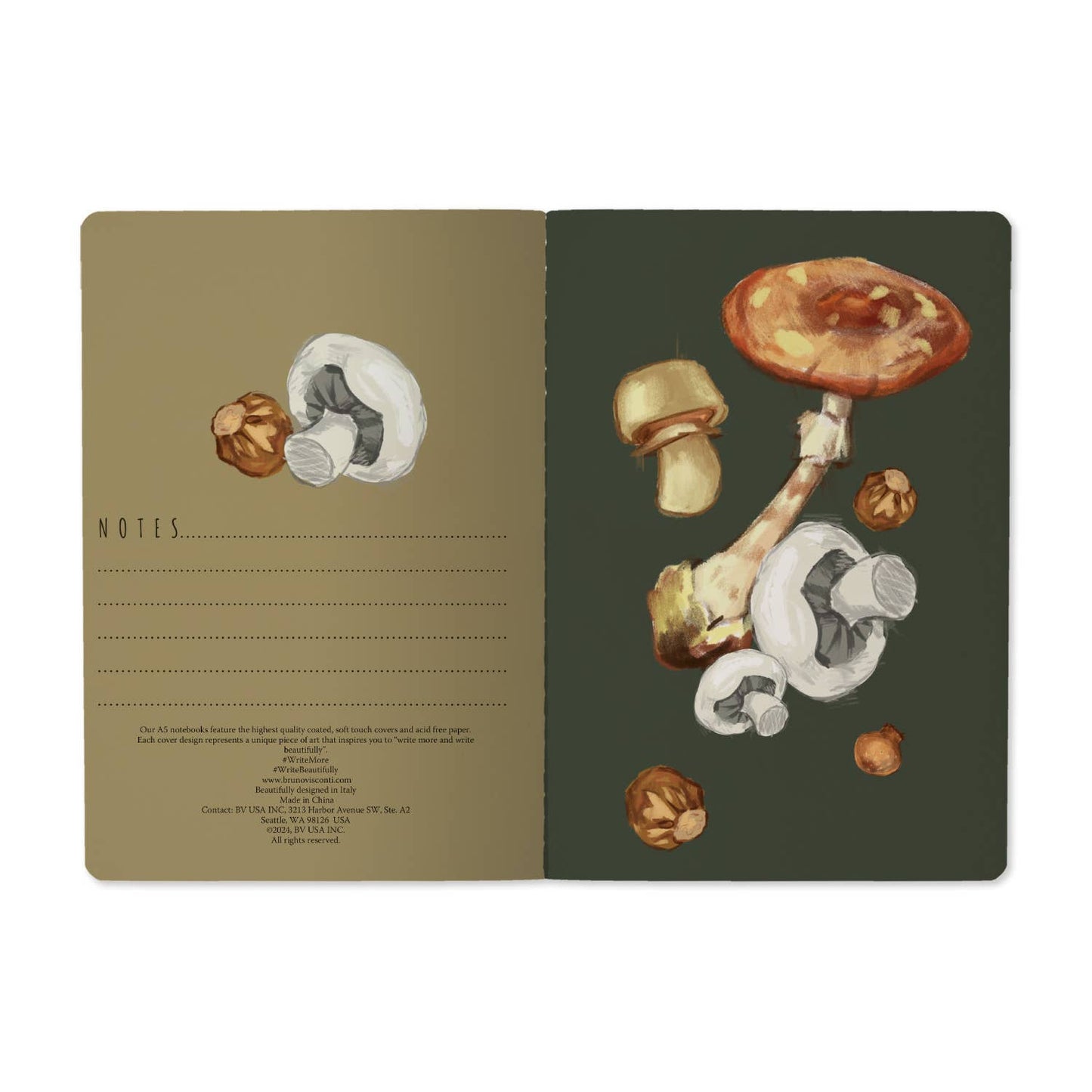 Mushrooms on green journal