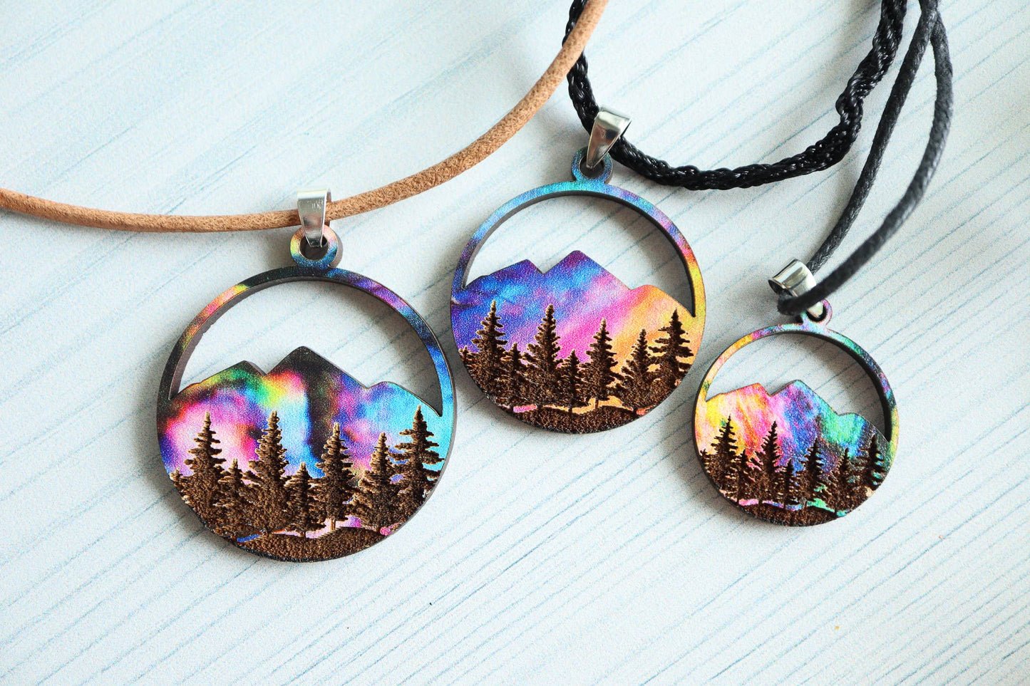 Aurora Mountains Wood Pendant Adjustable Necklace