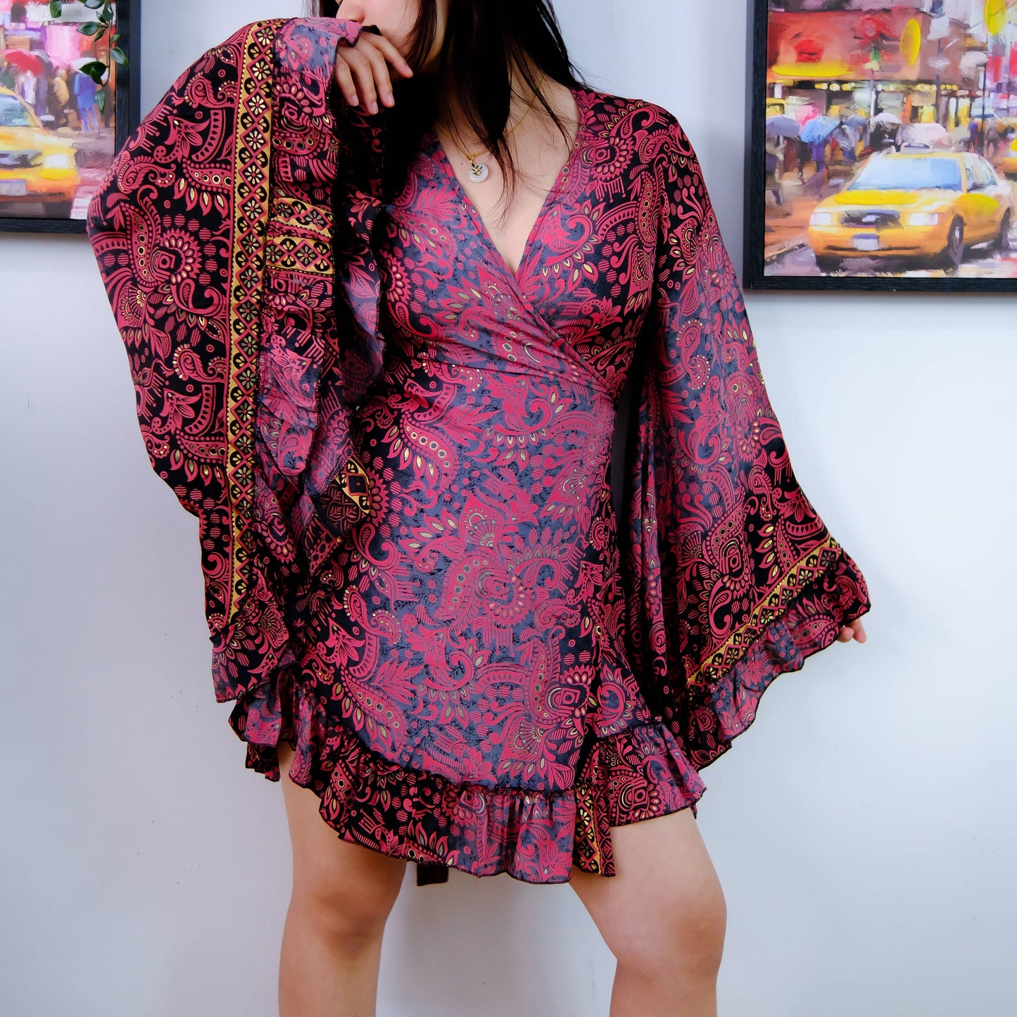 Silk Boho Style Wrap Dress with Ruffle