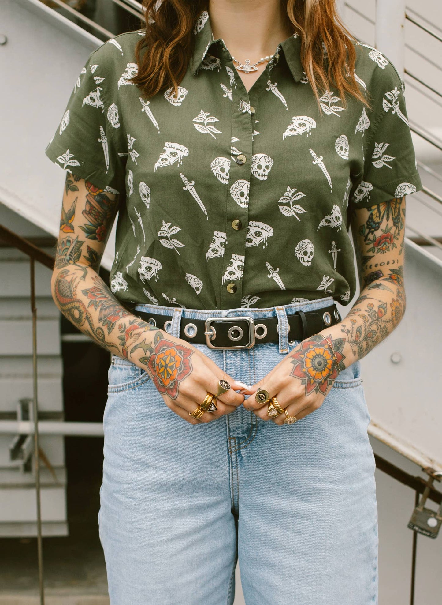 Pizza Slayer Tattoo Flash Mens Womens Casual Button Up Shirt