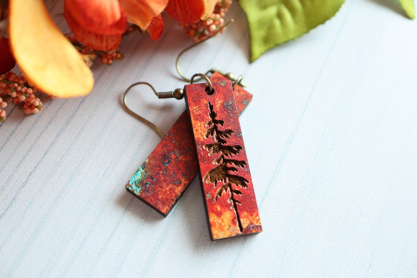 Patina Pine Tree Engraved Wood Earrings