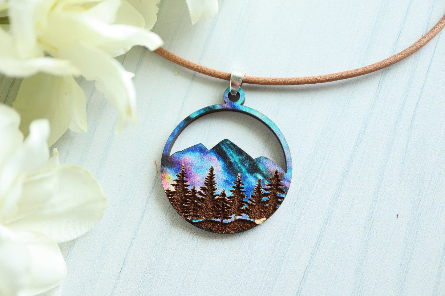Aurora Mountains Wood Pendant Adjustable Necklace