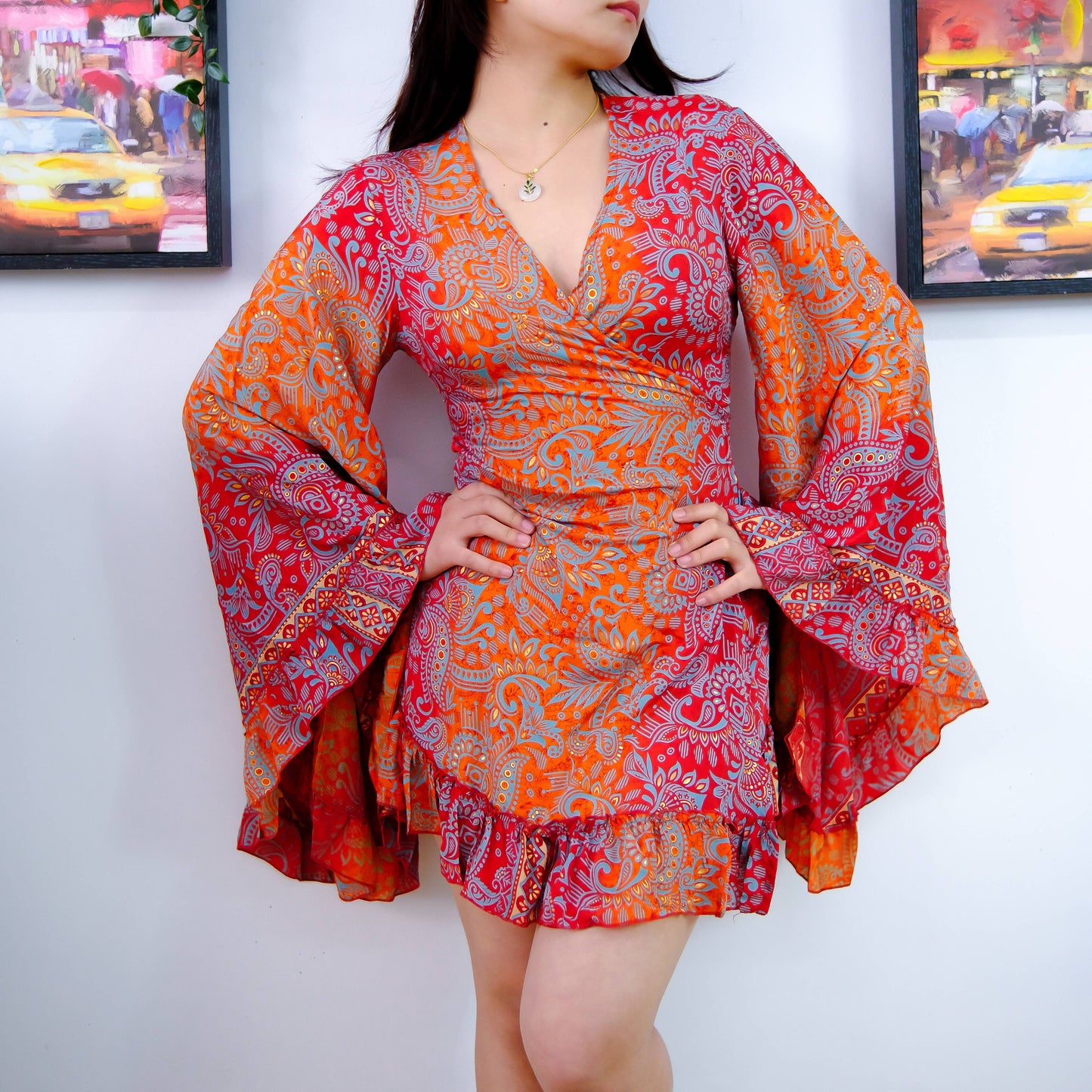 Silk Boho Style Wrap Dress with Ruffle