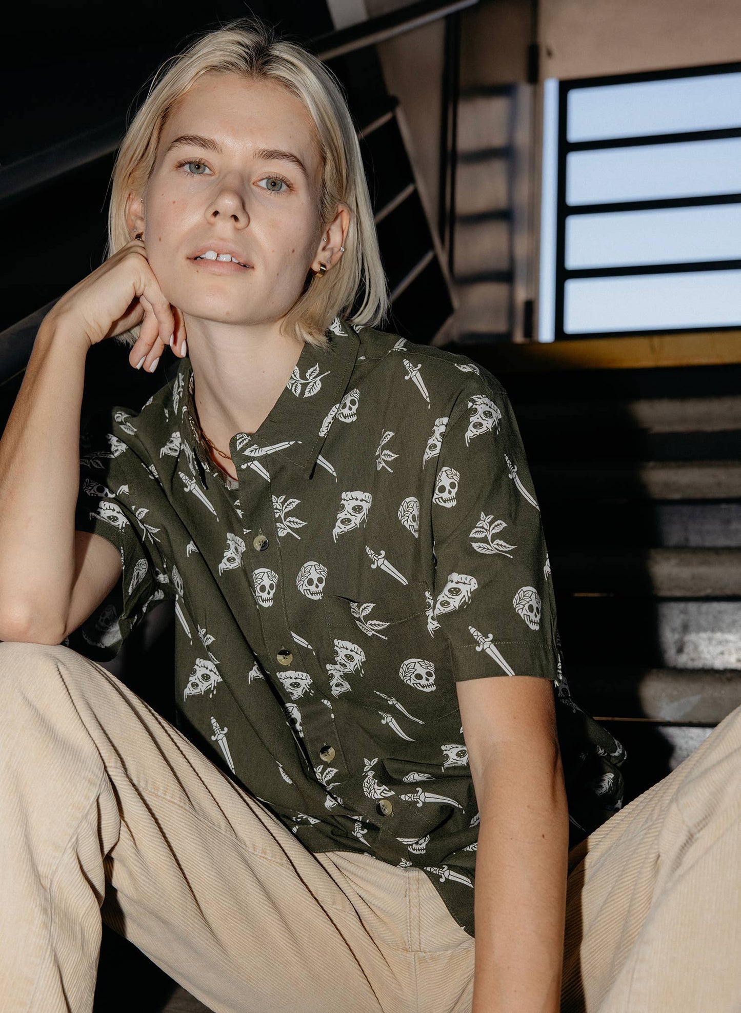 Pizza Slayer Tattoo Flash Mens Womens Casual Button Up Shirt