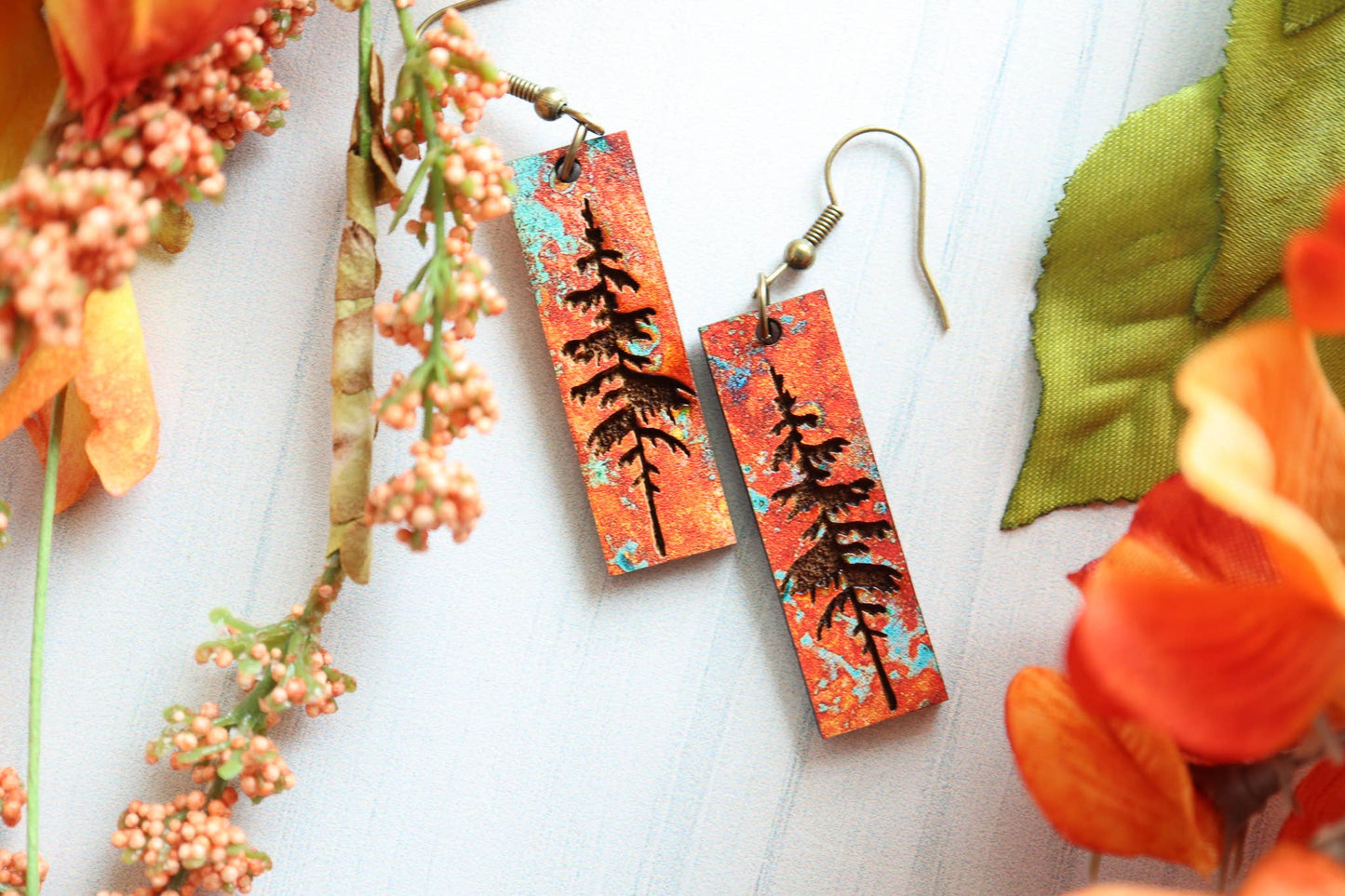 Patina Pine Tree Engraved Wood Earrings