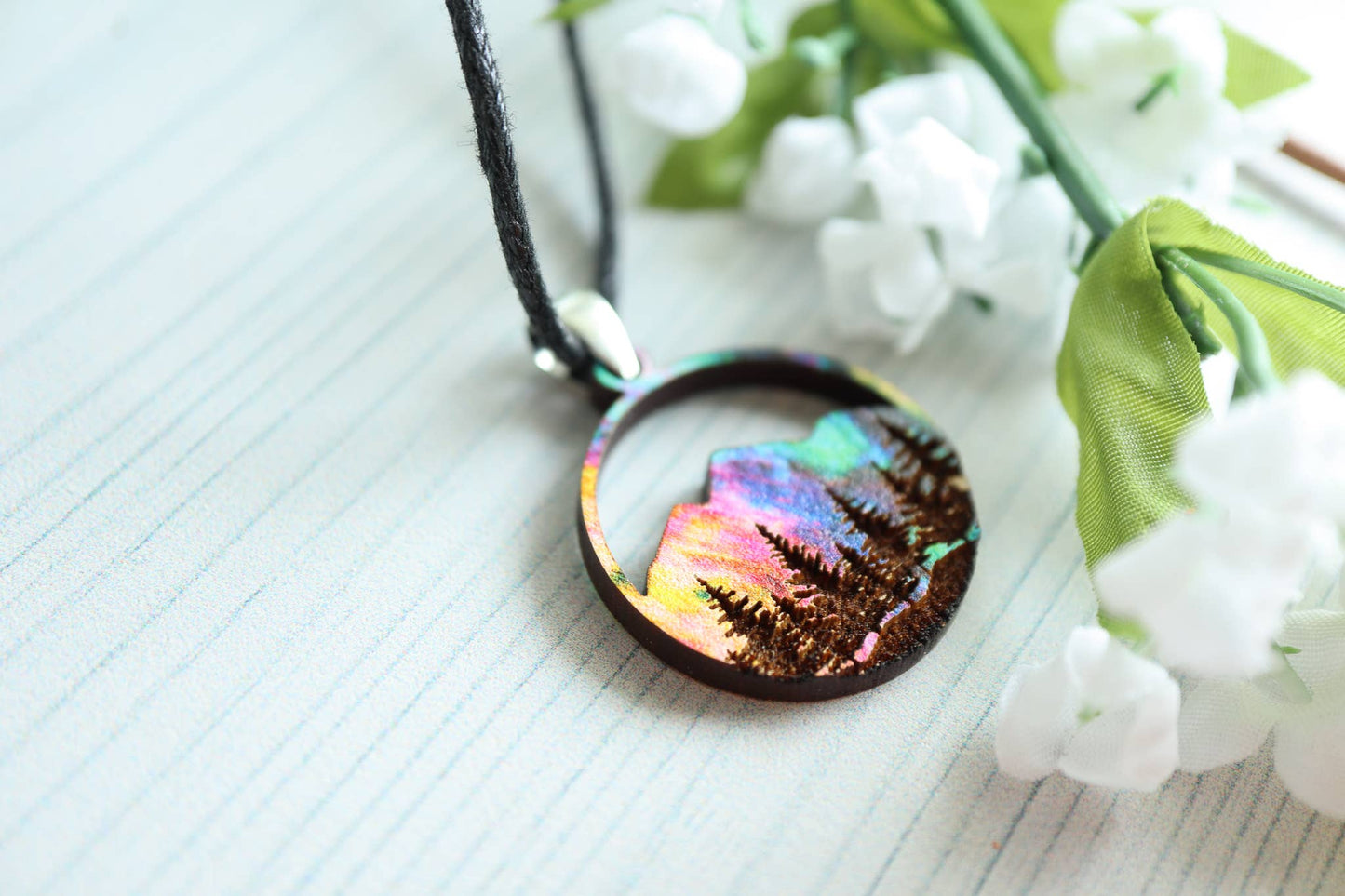 Aurora Mountains Wood Pendant Adjustable Necklace