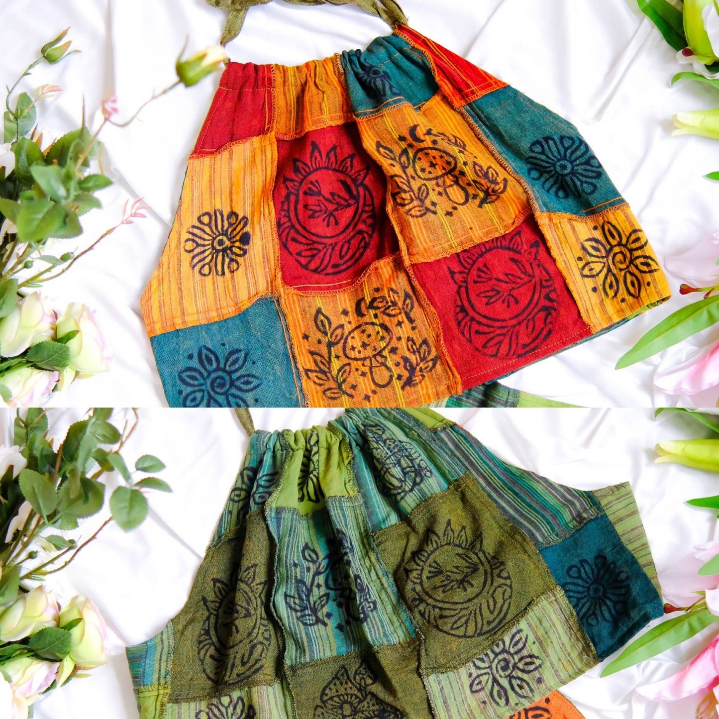 Patchwork Reversible Cotton Backless Halter Top