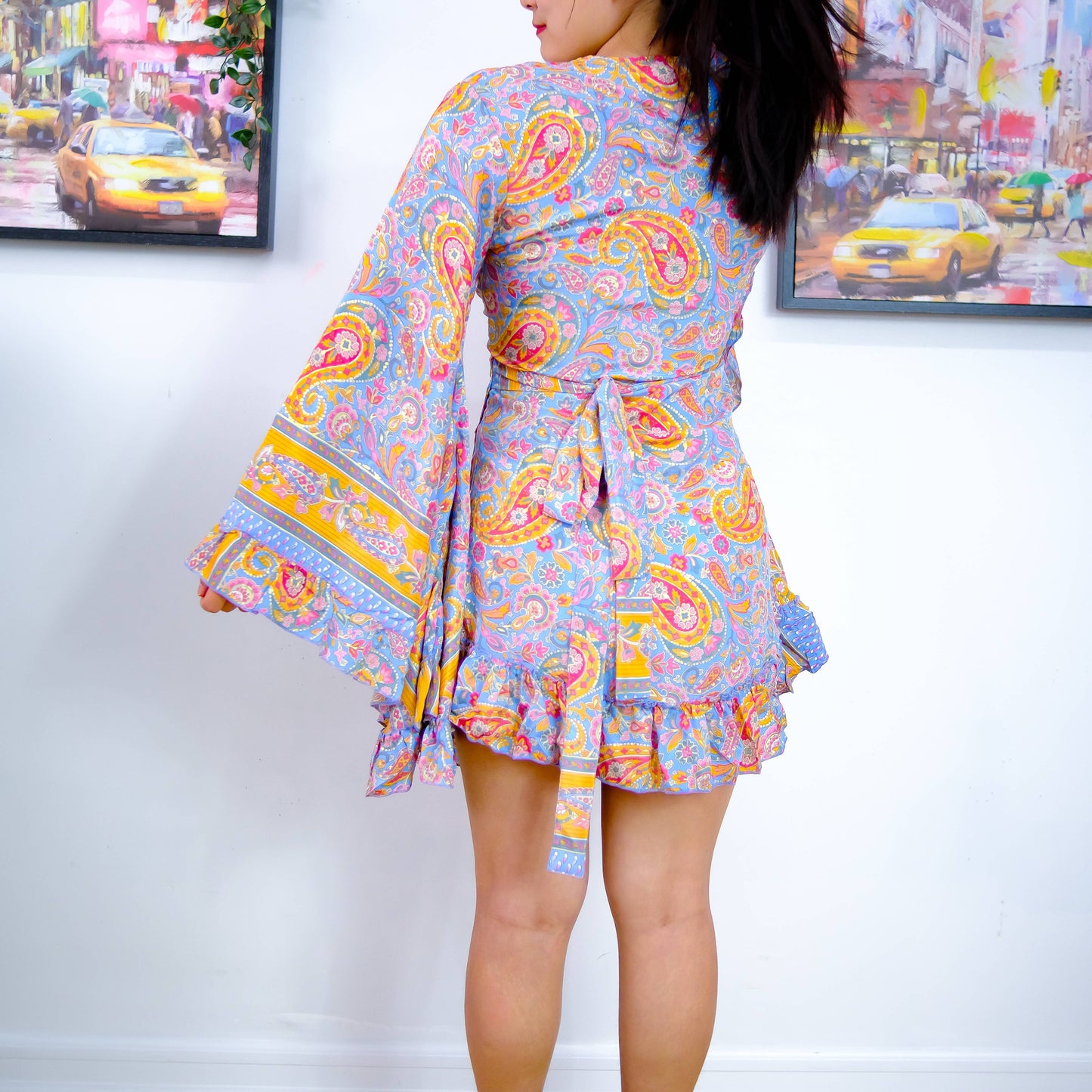 Silk Boho Style Wrap Dress with Ruffle