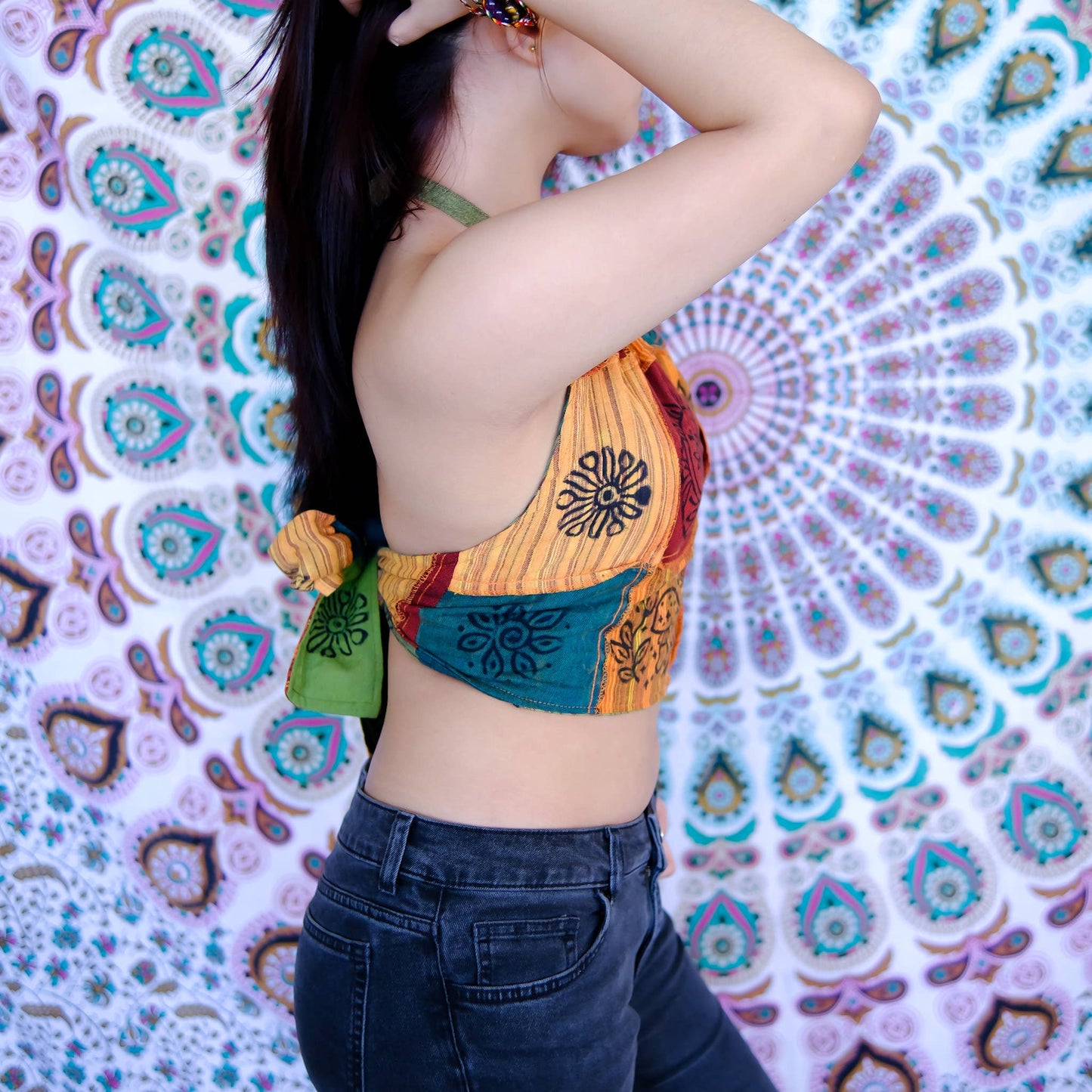 Patchwork Reversible Cotton Backless Halter Top