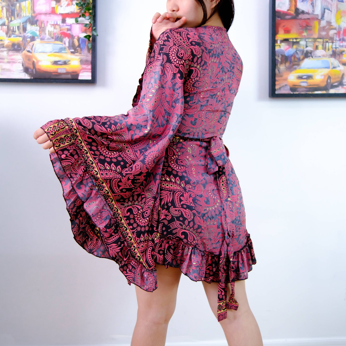 Silk Boho Style Wrap Dress with Ruffle