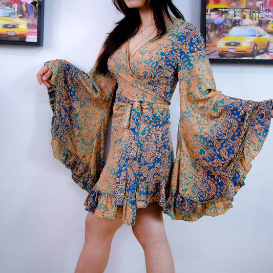 Silk Boho Style Wrap Dress with Ruffle